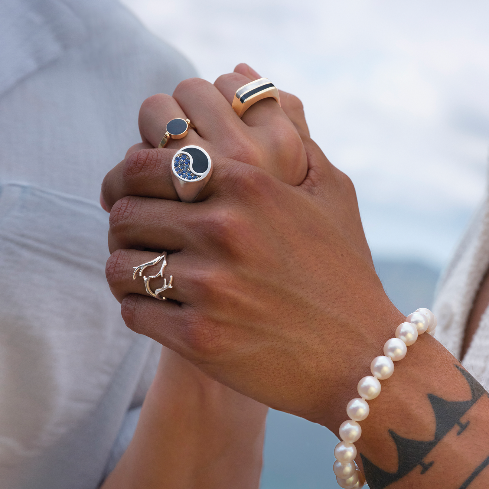 Yin Yang Black Coral Ring in White Gold with Blue Sapphires - 17.5mm