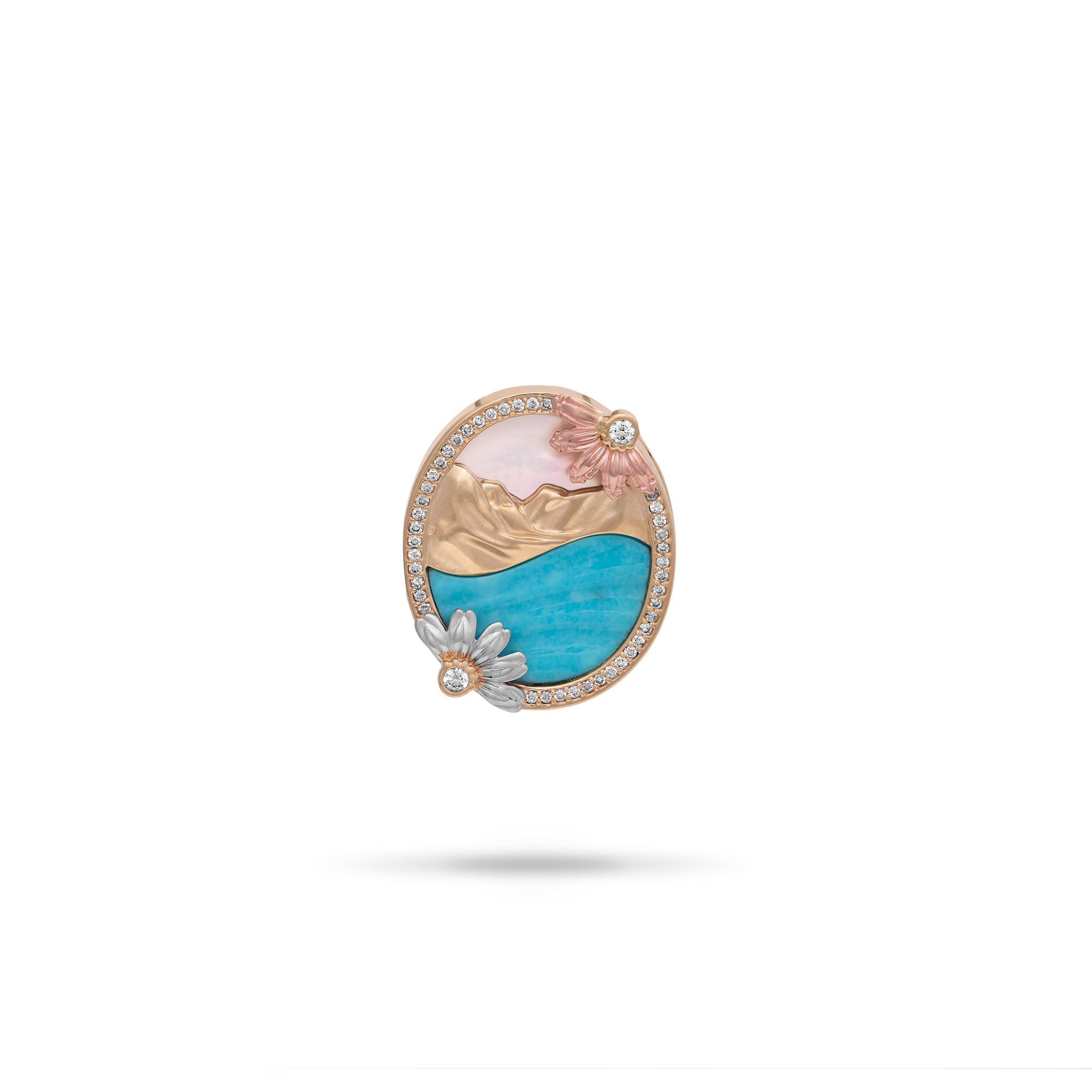 Mountain & Beach Naupaka Turquoise & Mother of Pearl Pendant in Tri Color Gold with Diamonds