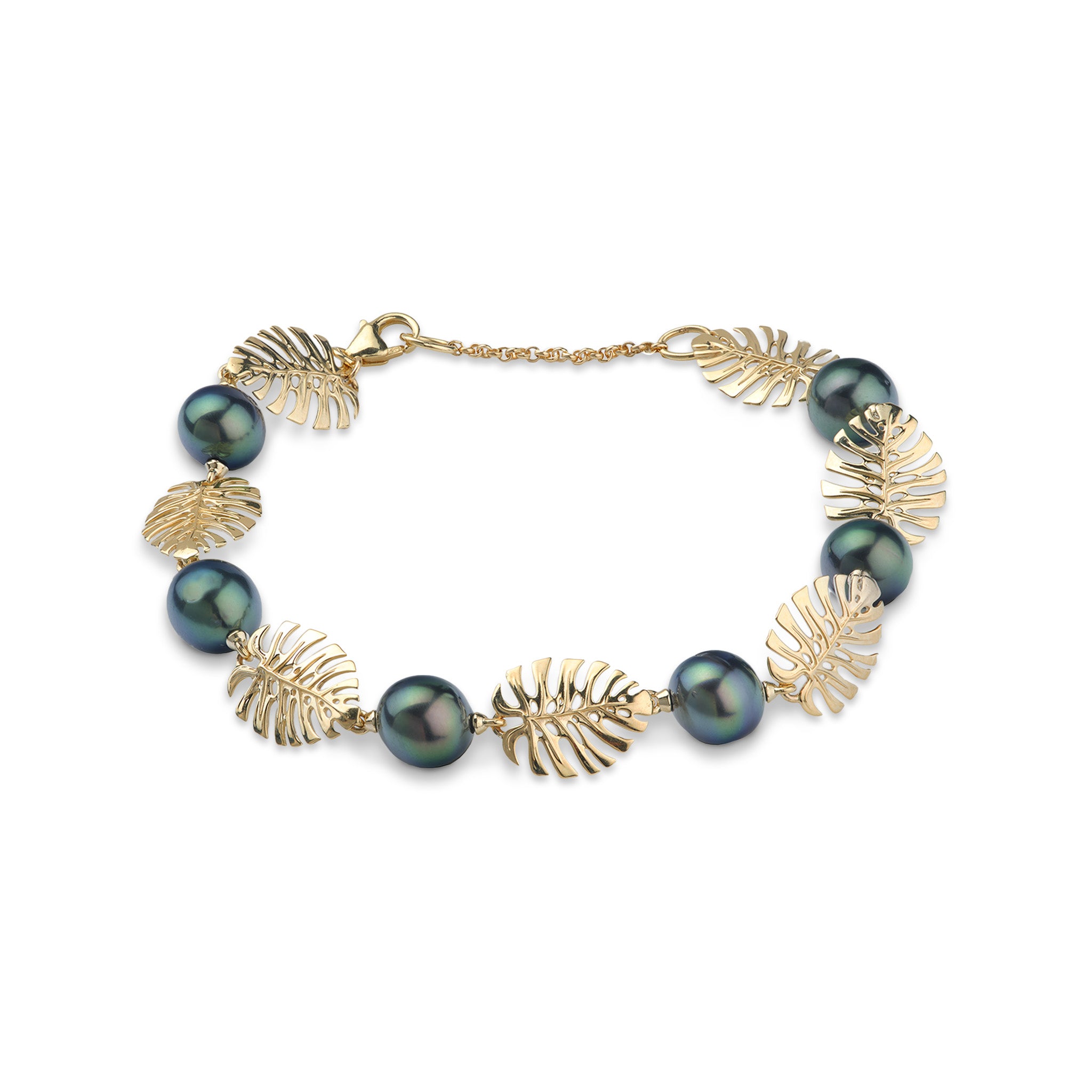 7.5-8.5" Adjustable Monstera Tahitian Black Pearl Bracelet in Gold - 8-9mm