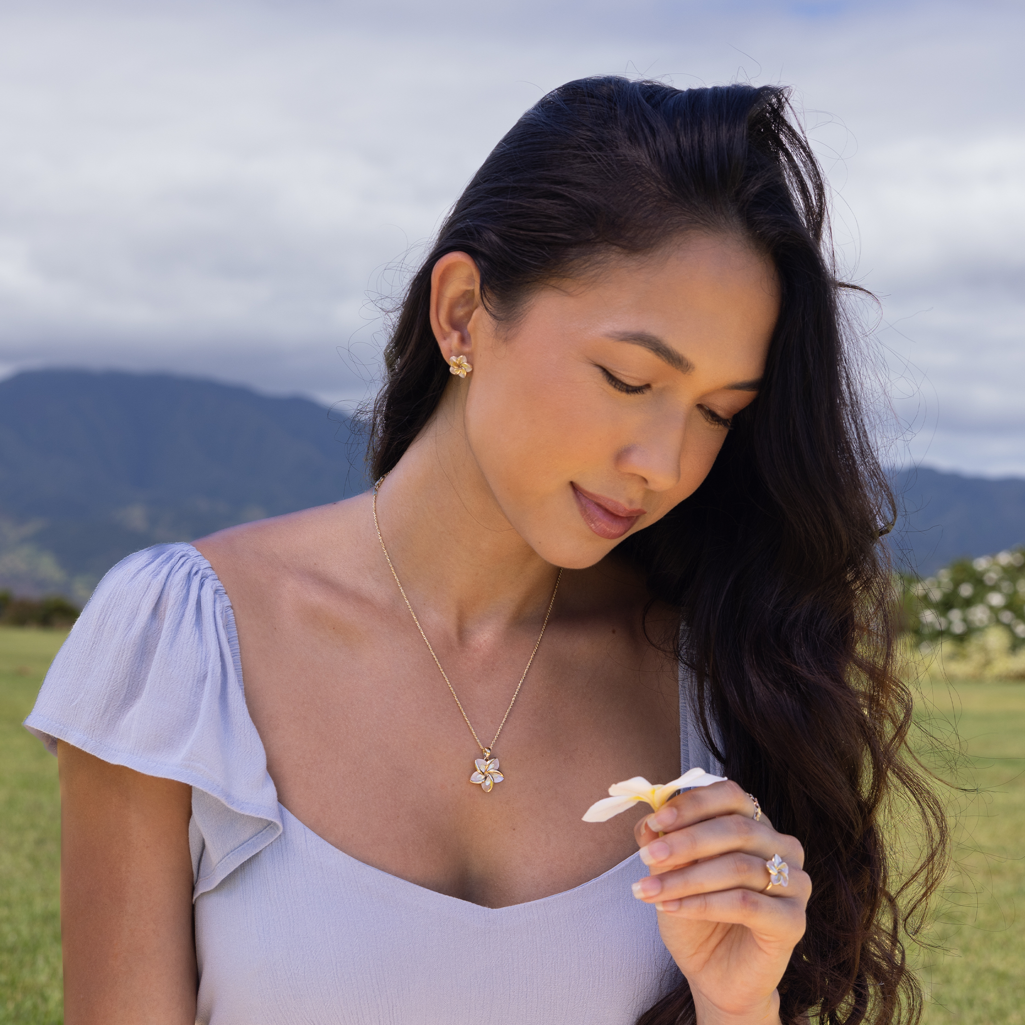 Plumeria Mother of Pearl Earrings in Gold - 13mm