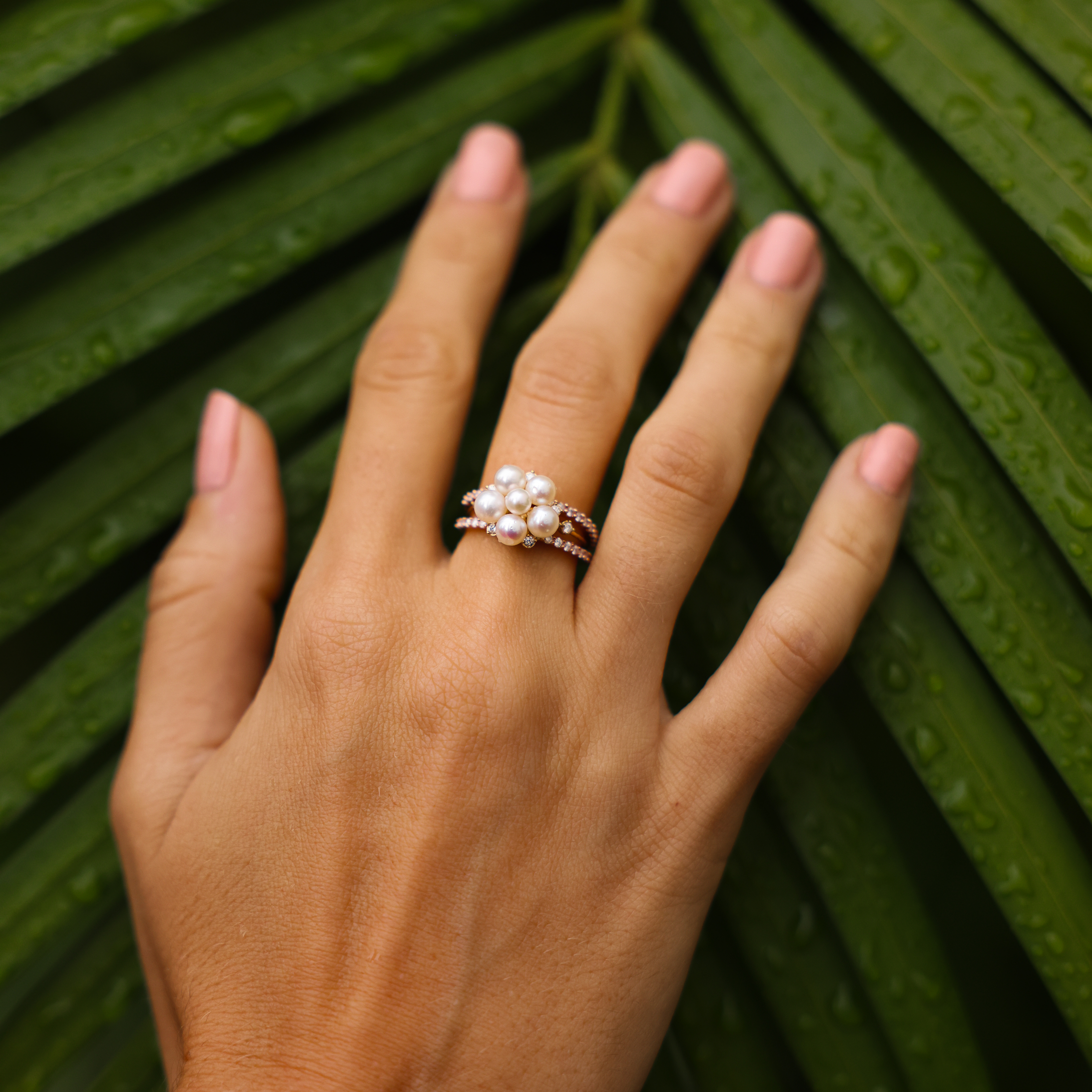 Tiny Bubbles Freshwater White Pearl Ring in Gold with Diamonds