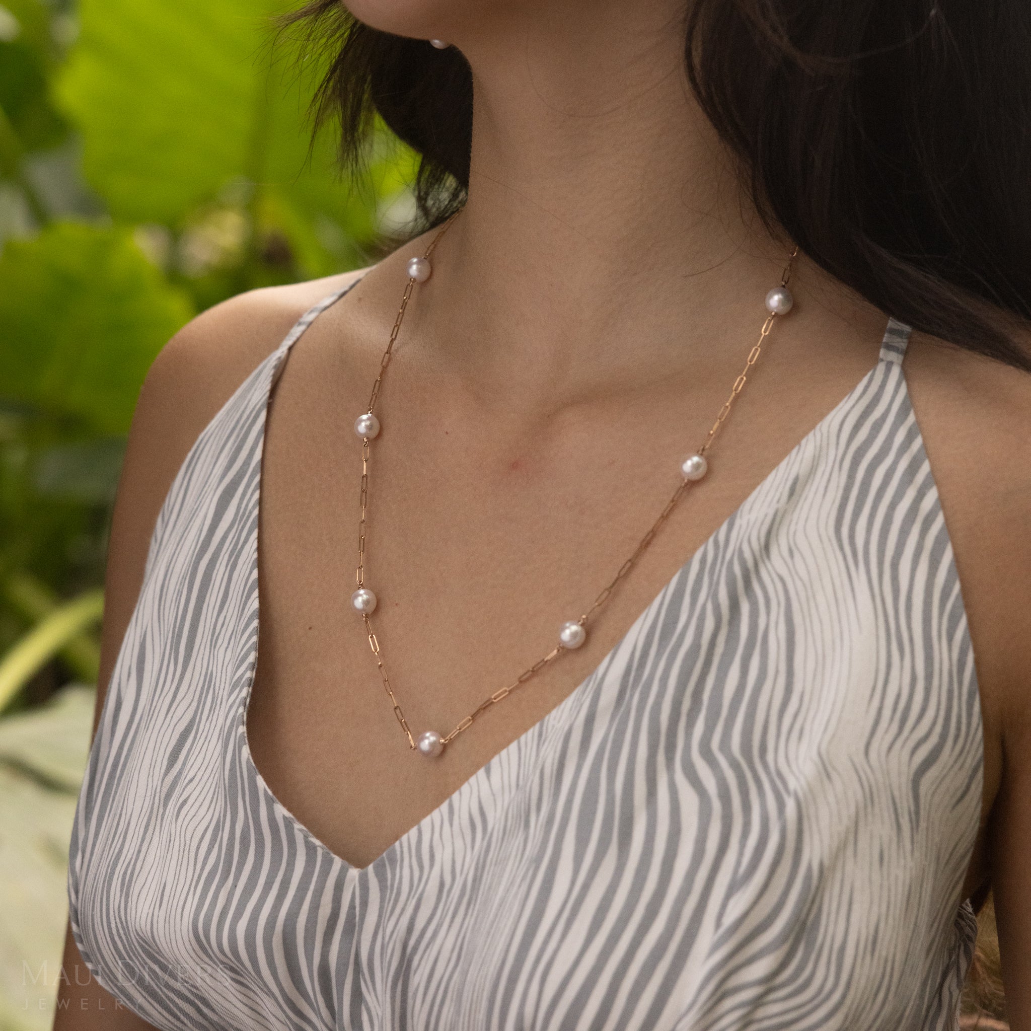 Adjustable 24" Akoya White Pearl Paperclip Chain Necklace in Rose Gold