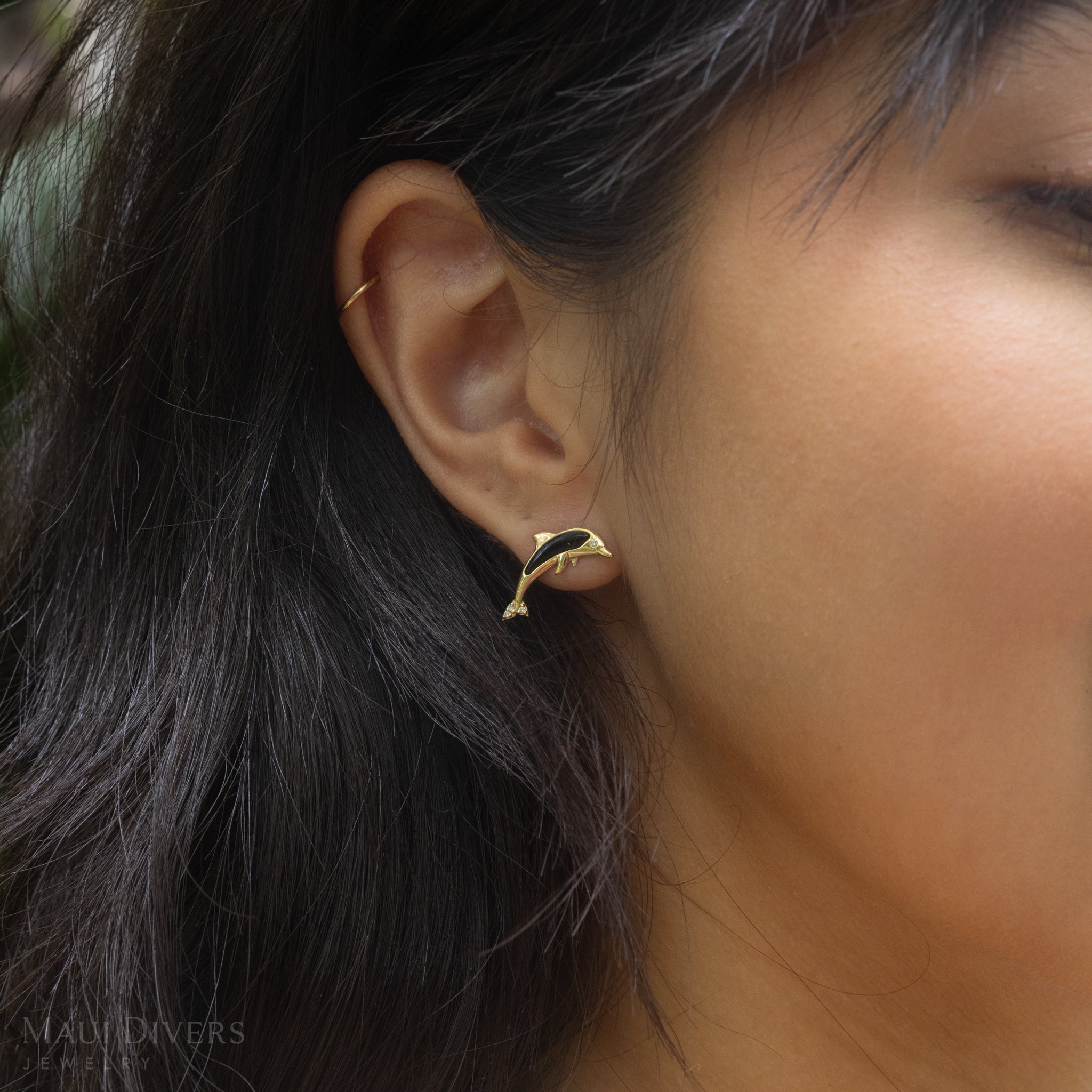 Sealife Dolphin Black Coral Earrings in Gold with Diamonds - 15mm