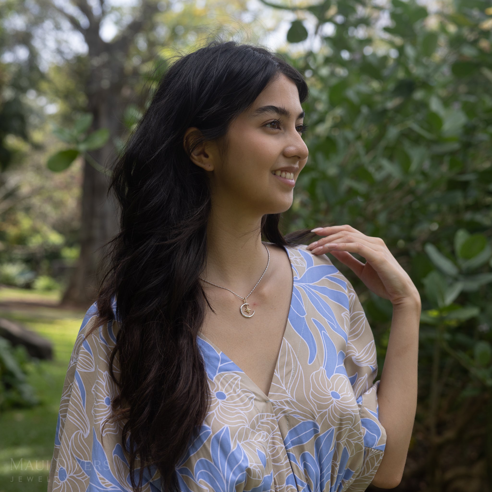 Moon & Star Mermaid Pendant in Two Tone Gold with Diamonds - 19.5mm