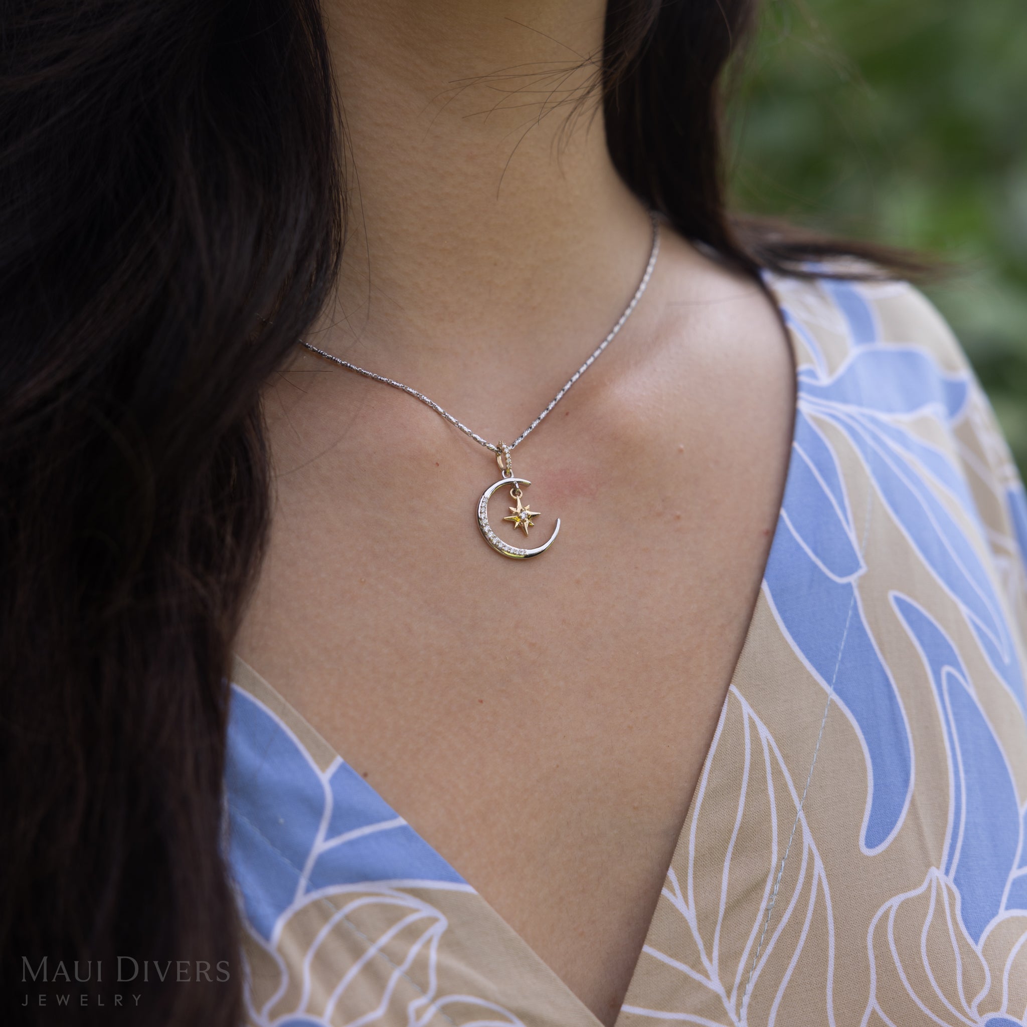 Moon & Star Mermaid Pendant in Two Tone Gold with Diamonds - 19.5mm