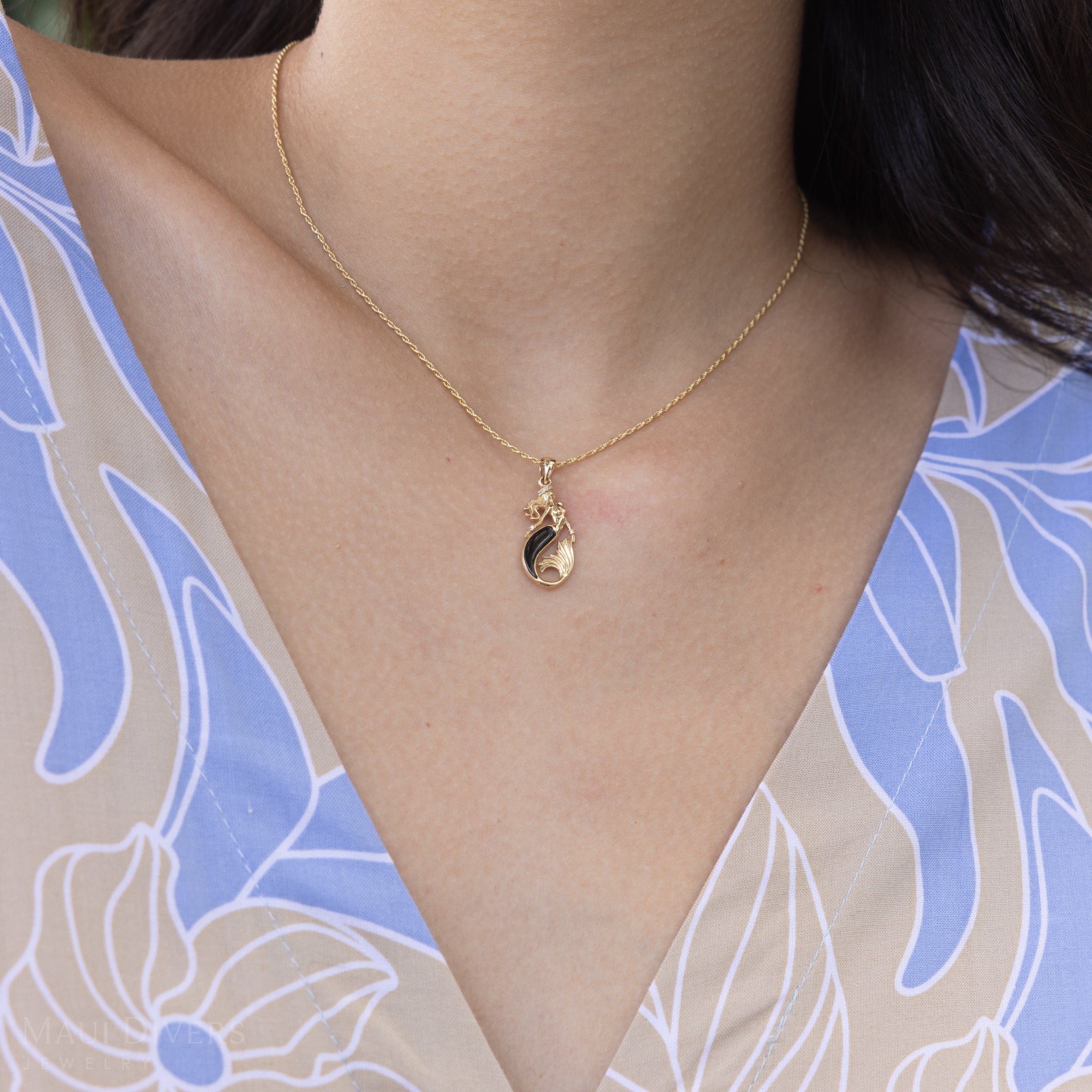 Sealife Mermaid Black Coral Pendant in Gold with Diamonds - 24mm