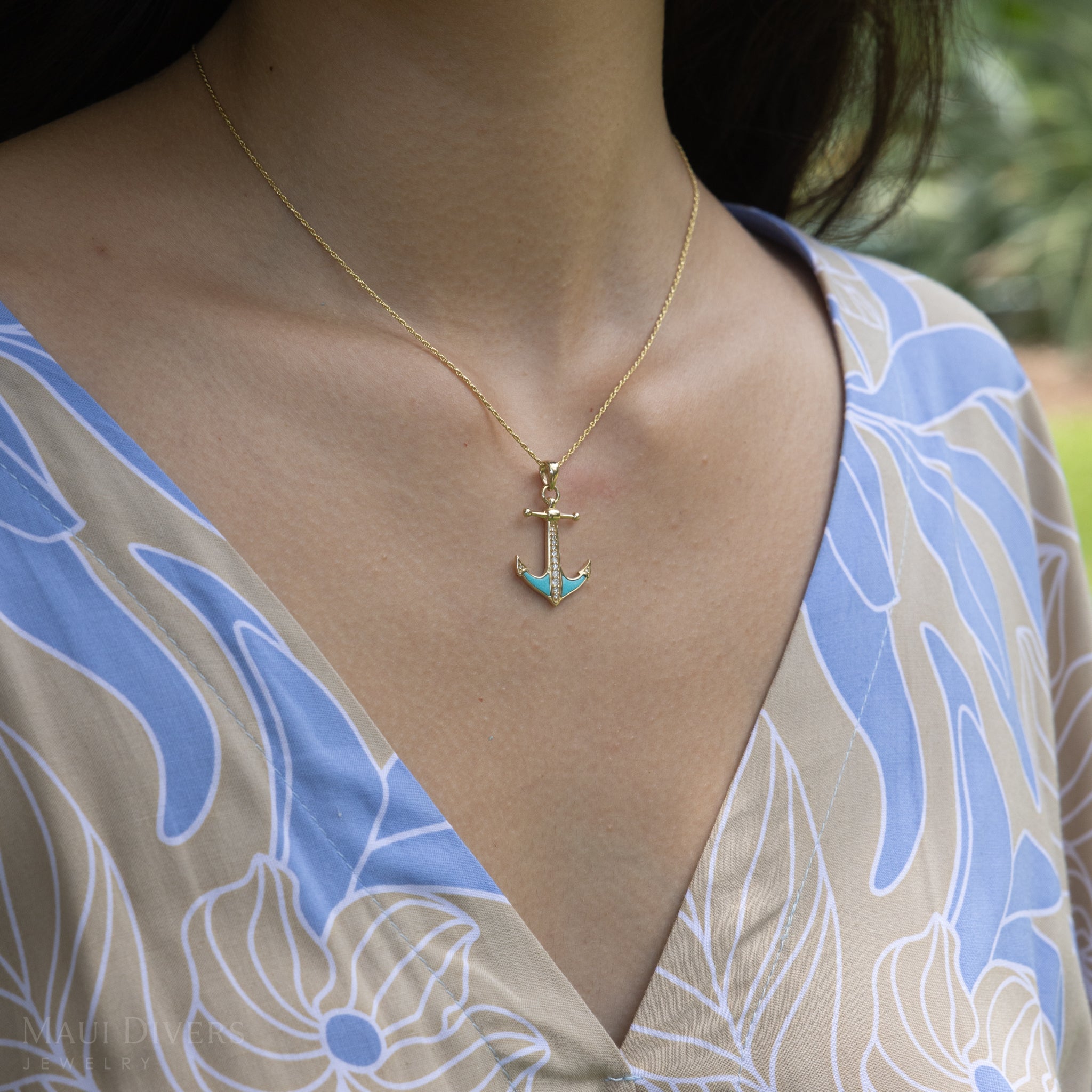 Sealife Anchor Turquoise Pendant in Gold with Diamonds - 28mm