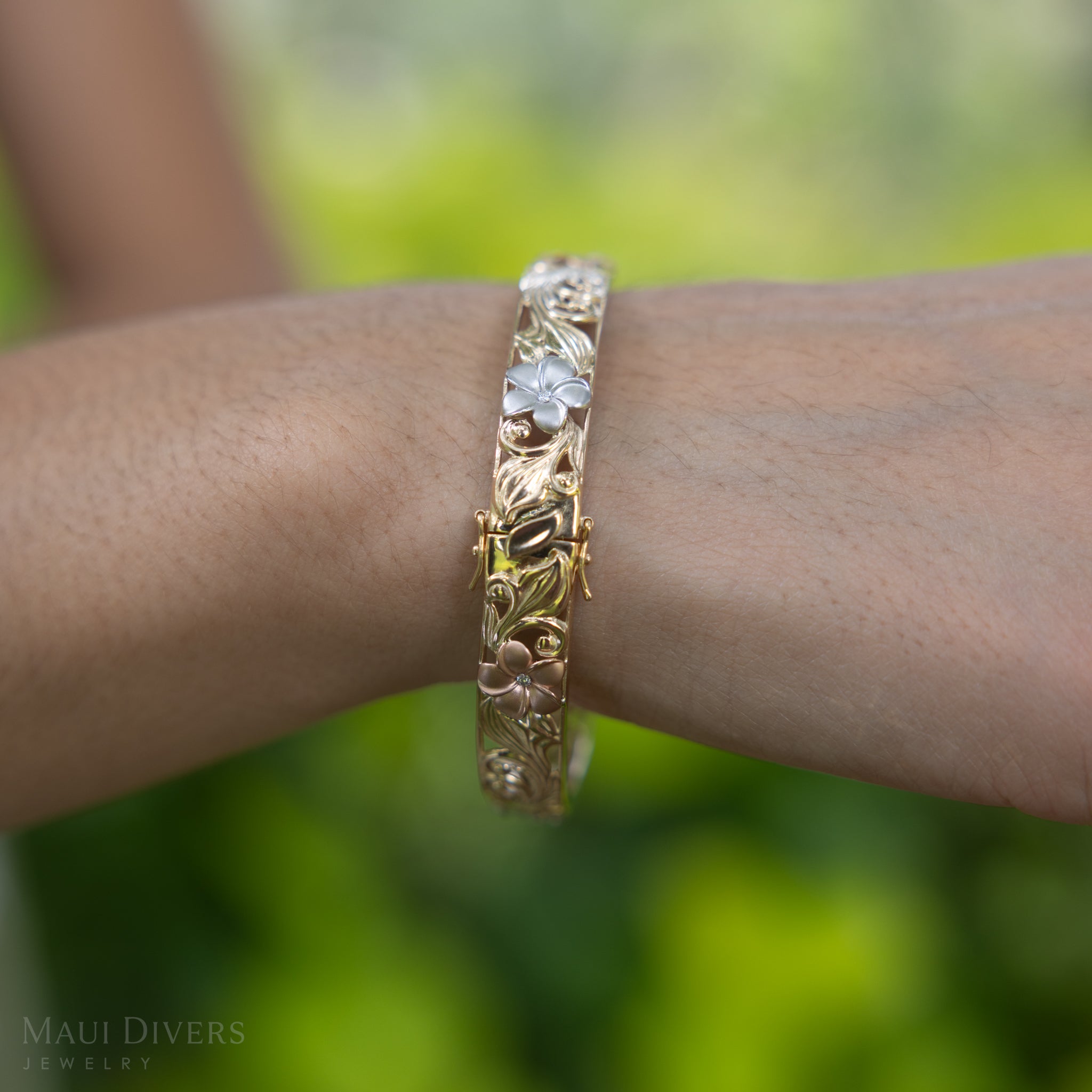 Hawaiian Heirloom Plumeria Hinge Bracelet in Tri Color Gold with Diamonds - 10mm