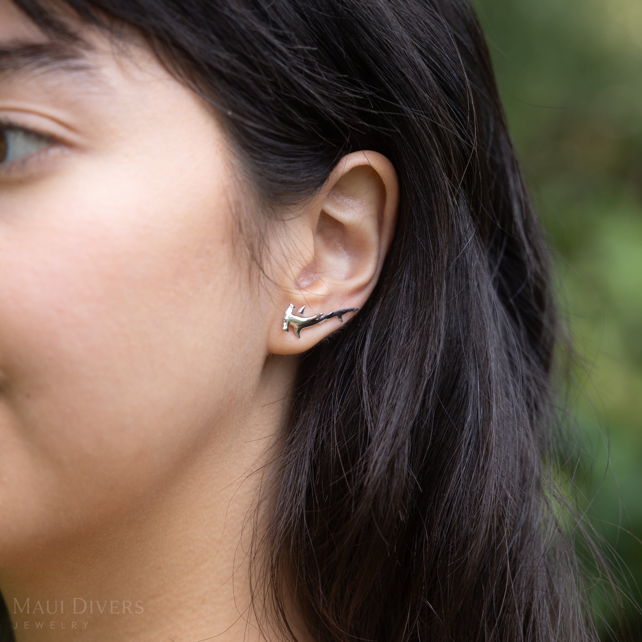 Hammerhead Shark Climber Earrings in Sterling Silver