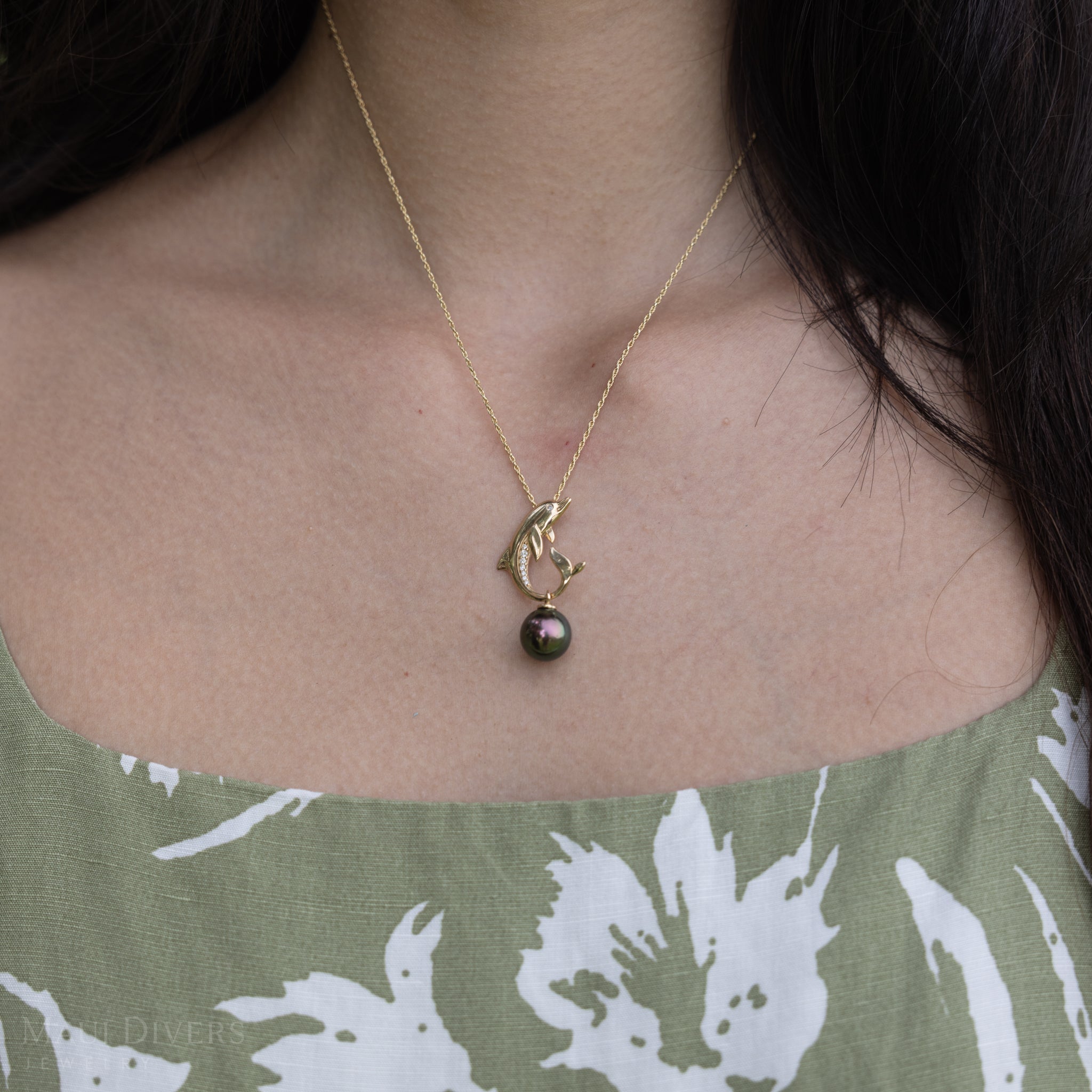 Ocean Dance Dolphin Tahitian Black Pearl Pendant in Gold with Diamonds - 9-10mm