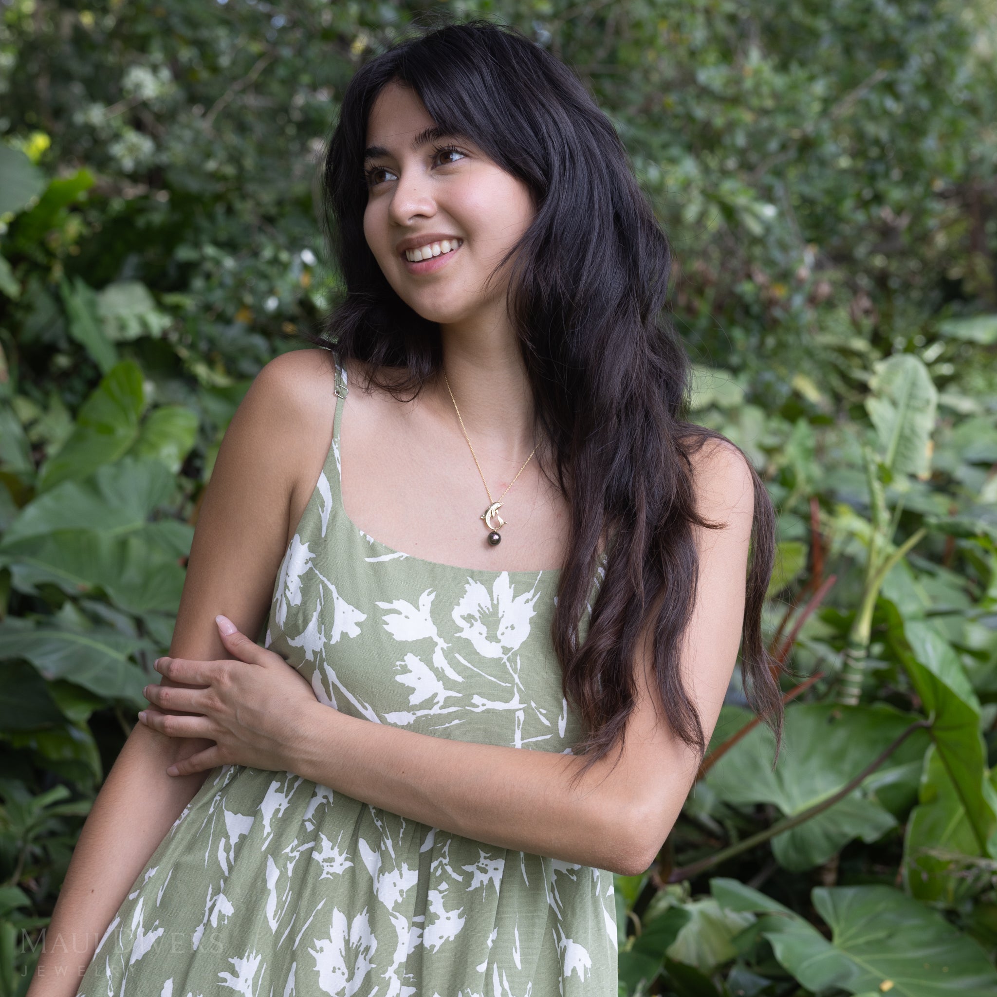 Ocean Dance Dolphin Tahitian Black Pearl Pendant in Gold with Diamonds - 9-10mm