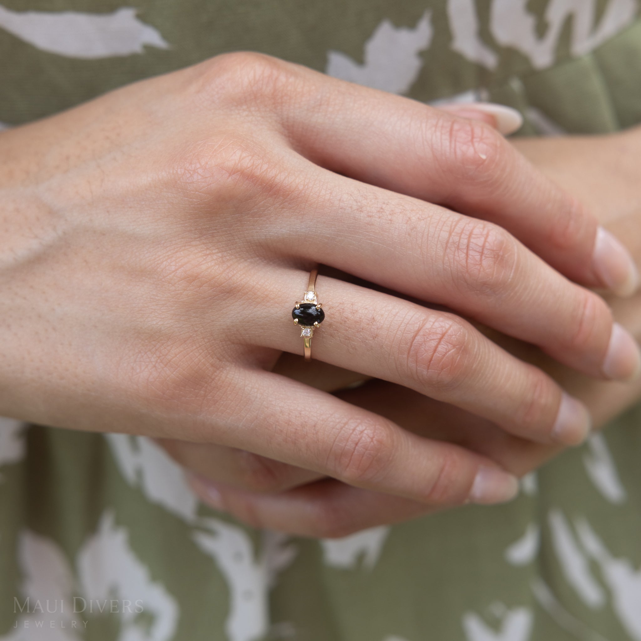 Black Coral Ring in Gold with Diamonds