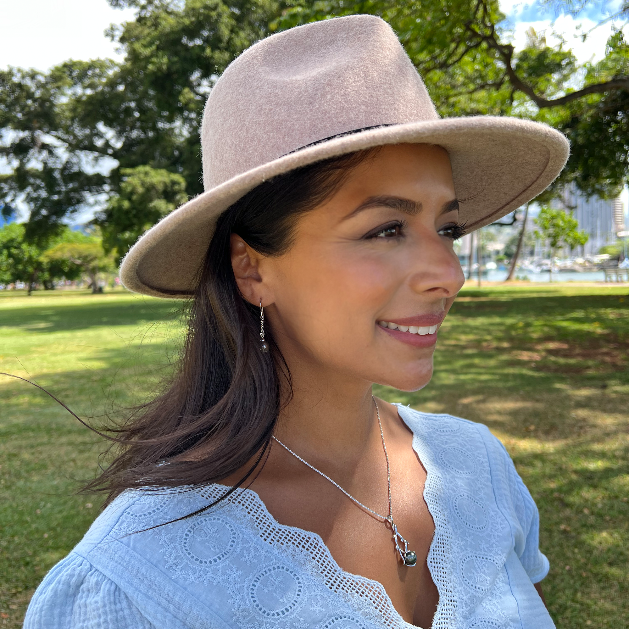 Tahitian Black Pearl DangleEarrings in White Gold with Diamonds - Lifestyle Photo