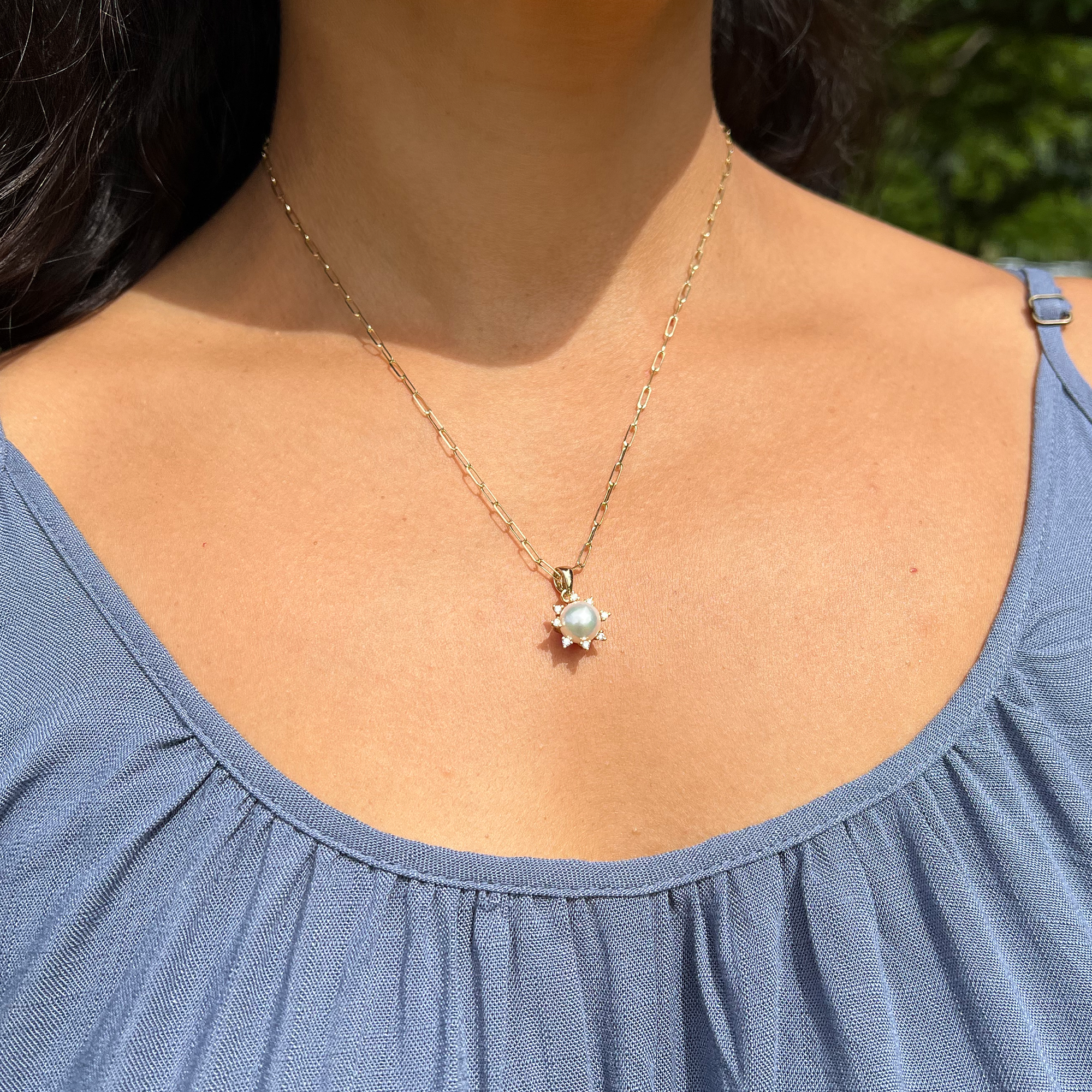 Protea Akoya Pearl Pendant in Gold with Diamonds - 8mm - Model Photo