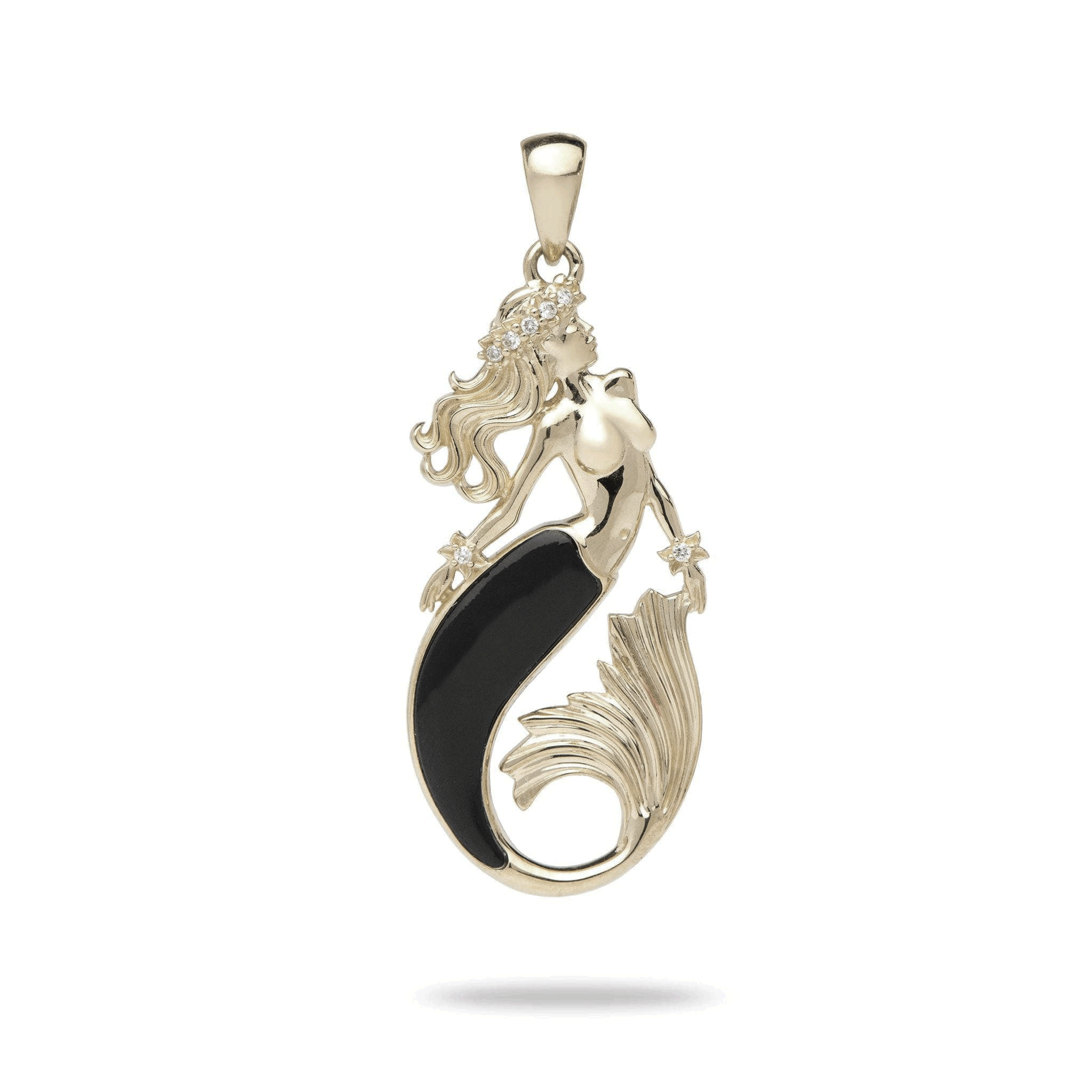 Sealife Mermaid Black Coral Pendant in Gold with Diamonds - 37mm