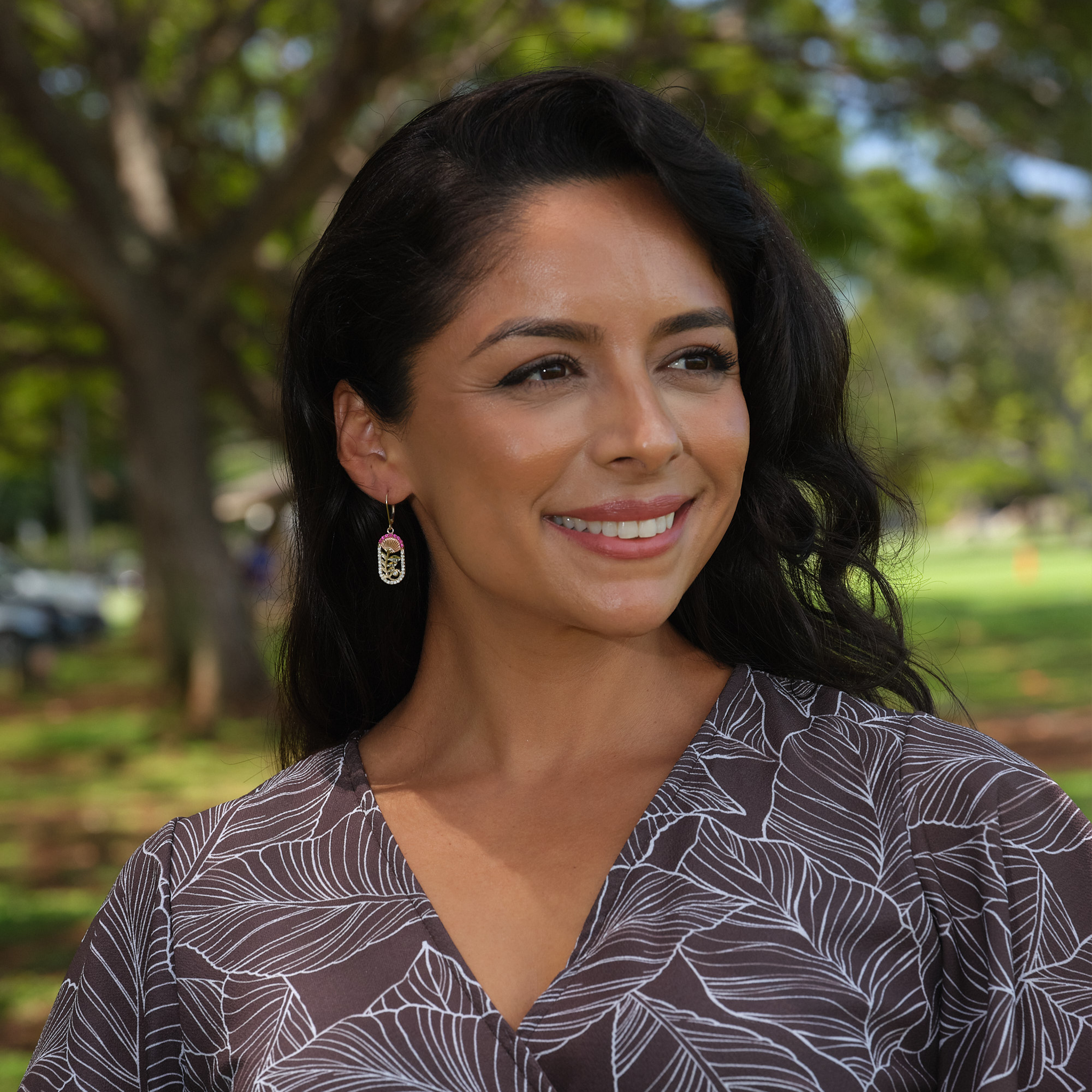ʻŌhiʻa Lehua Ruby Earrings in Two Tone Gold with Diamonds - 24mm