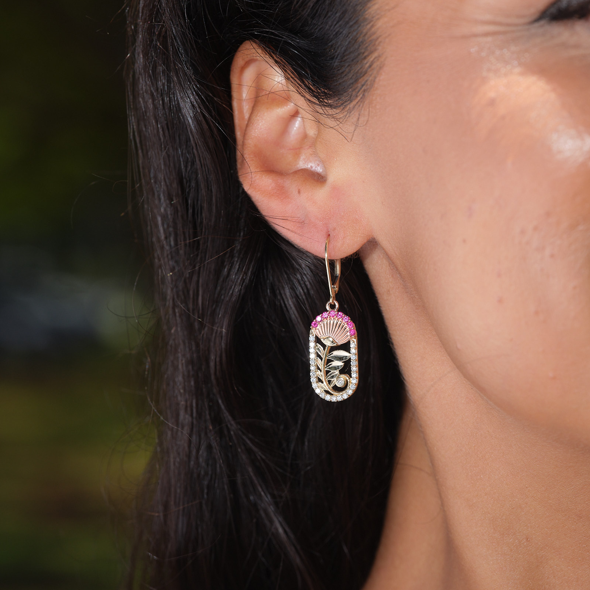 ʻŌhiʻa Lehua Ruby Earrings in Two Tone Gold with Diamonds - 24mm