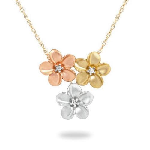 16" Plumeria Necklace in Tri Color Gold with Diamonds - 11mm-Maui Divers Jewelry