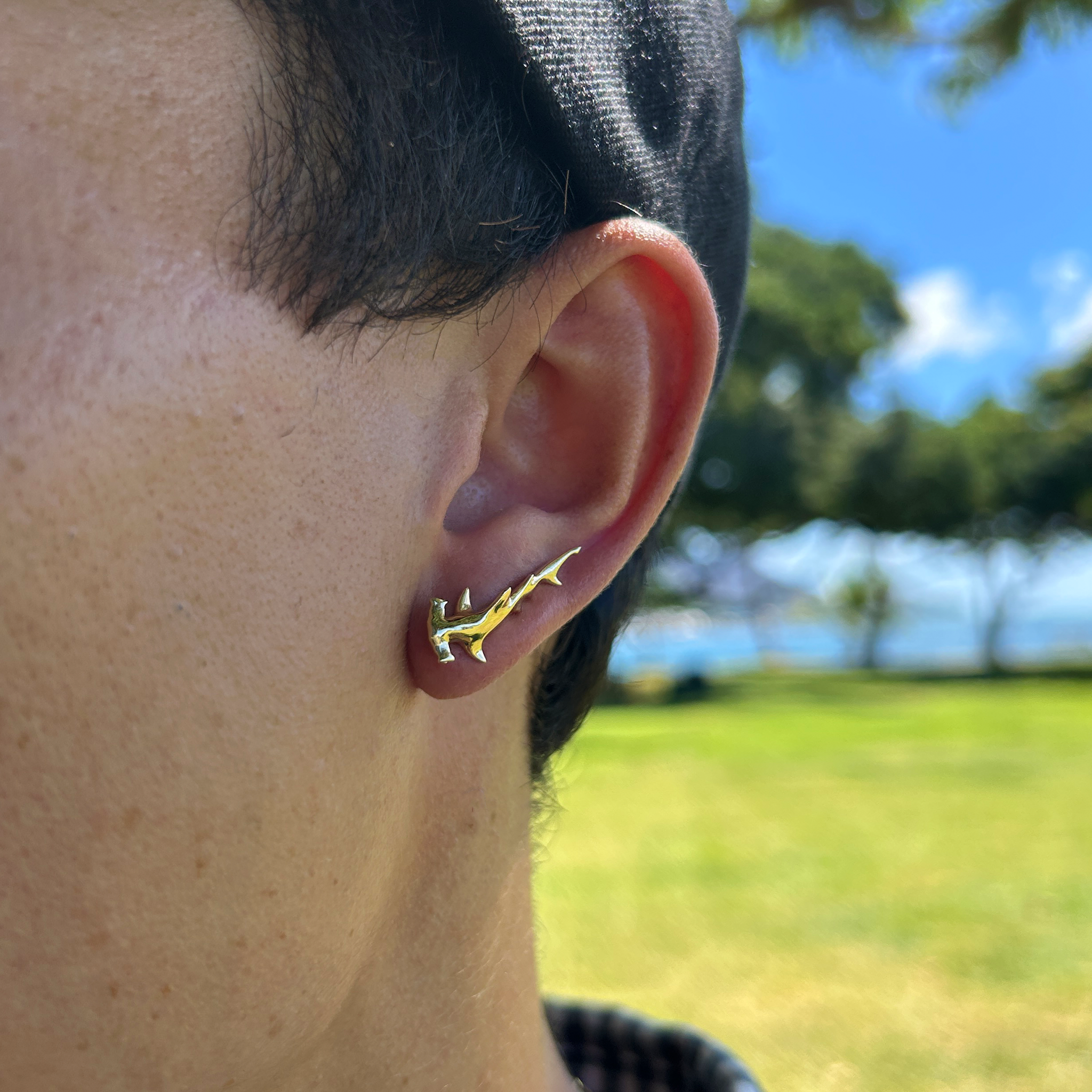 Hammerhead Shark Climber Earrings in Gold - 26mm
