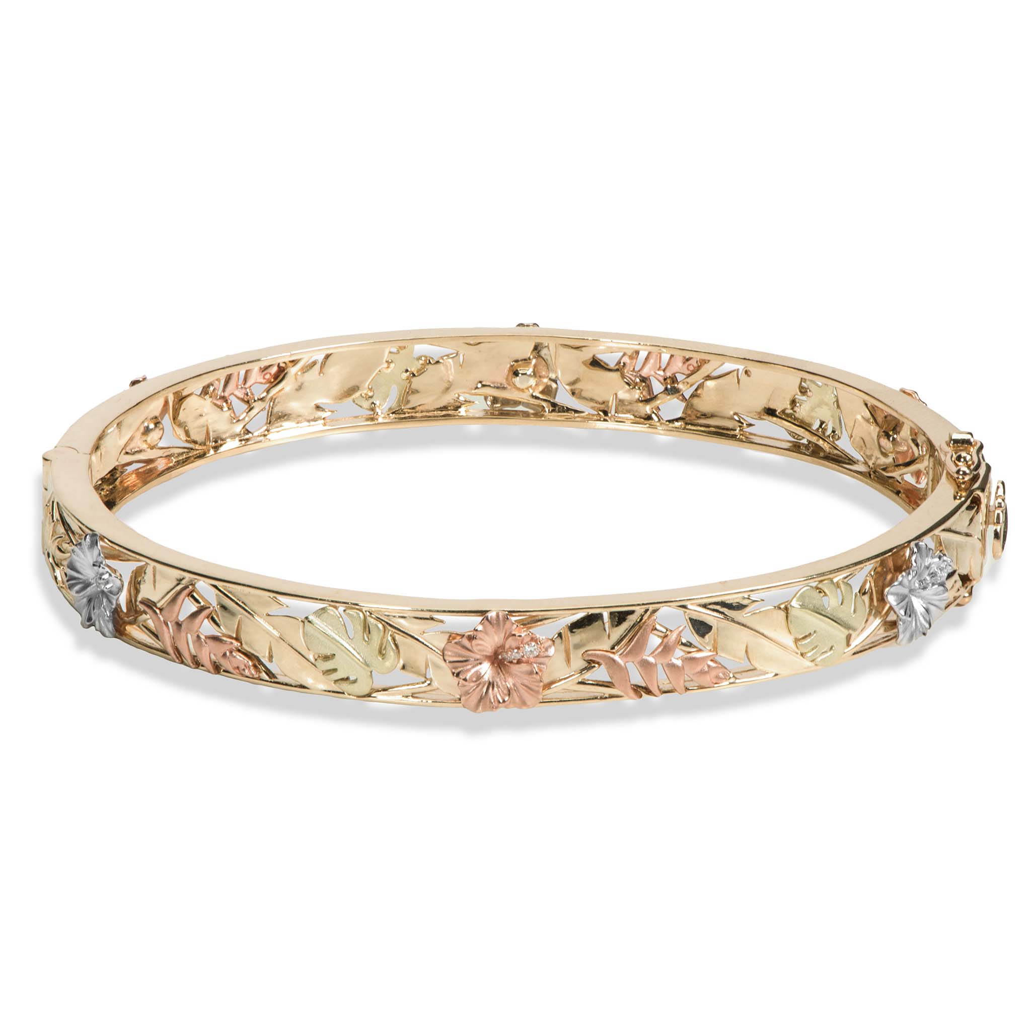 Hawaiian Gardens Hibiscus Bracelet in Multi Color Gold with Diamonds - 8mm - Size 7.5"