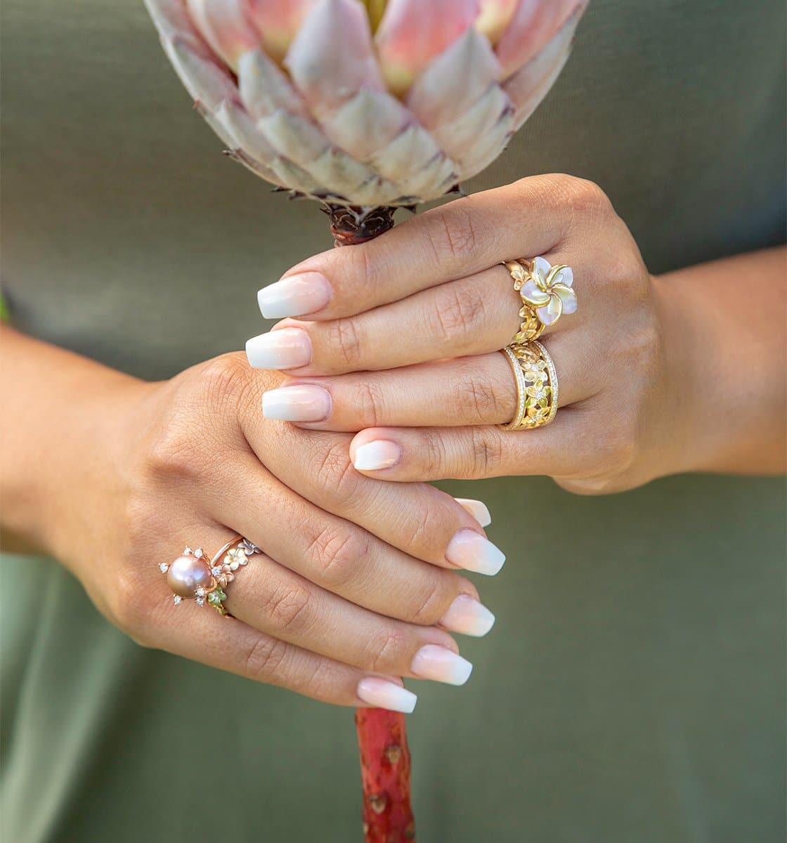 Hawaiian Heirloom Ring in Gold with Diamonds - 10mm on hands- Maui Divers Jewelry