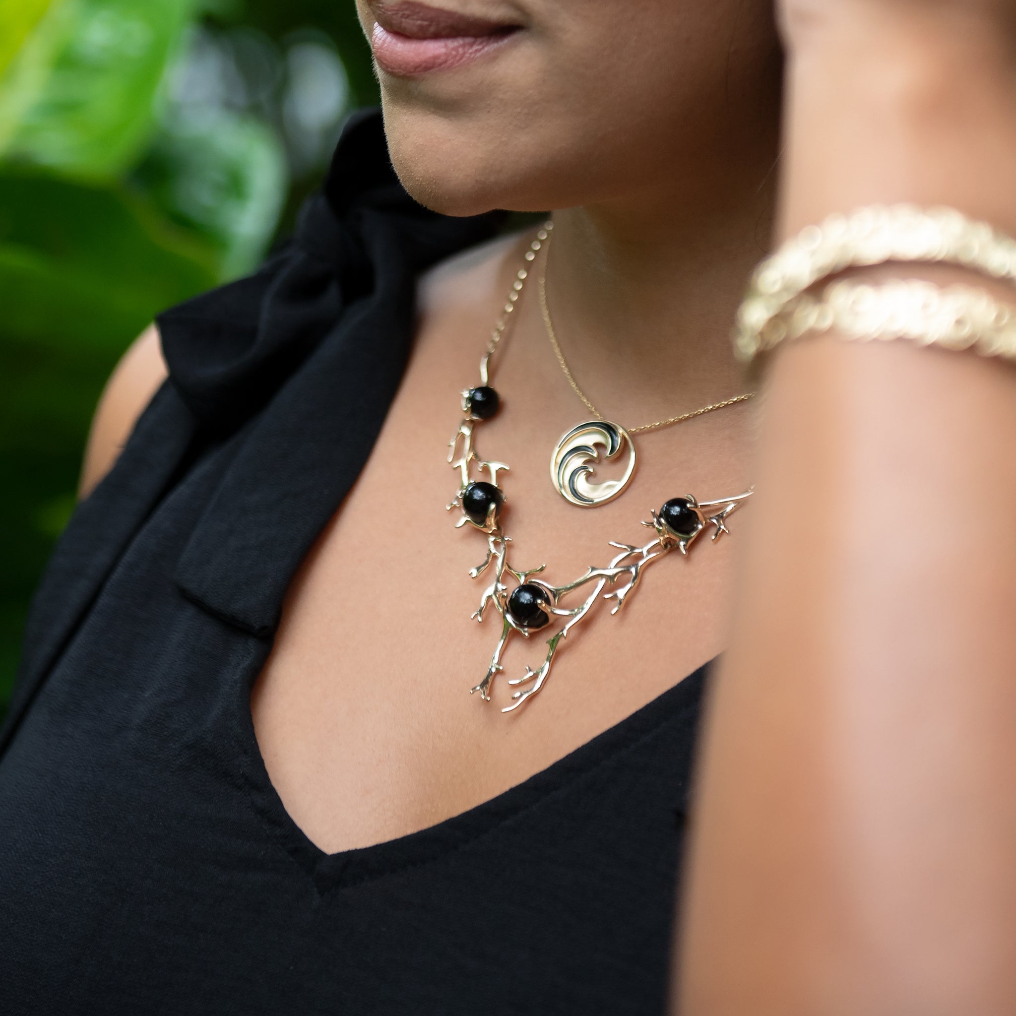 16-18" Adjustable Hawaiian Heritage Black Coral Necklace in Gold on Model