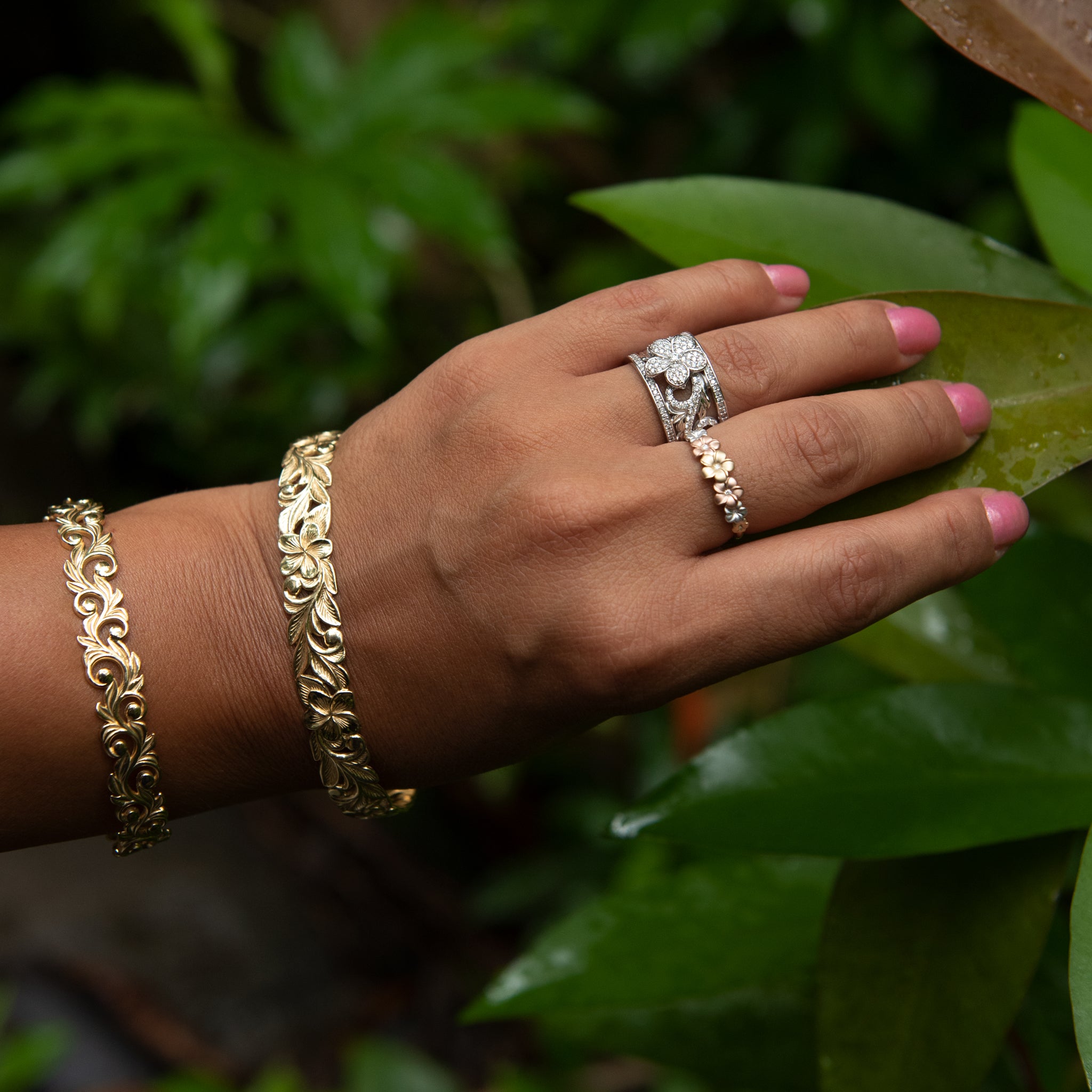 Plumeria Ring in Tri Color Gold with Diamonds - 6mm