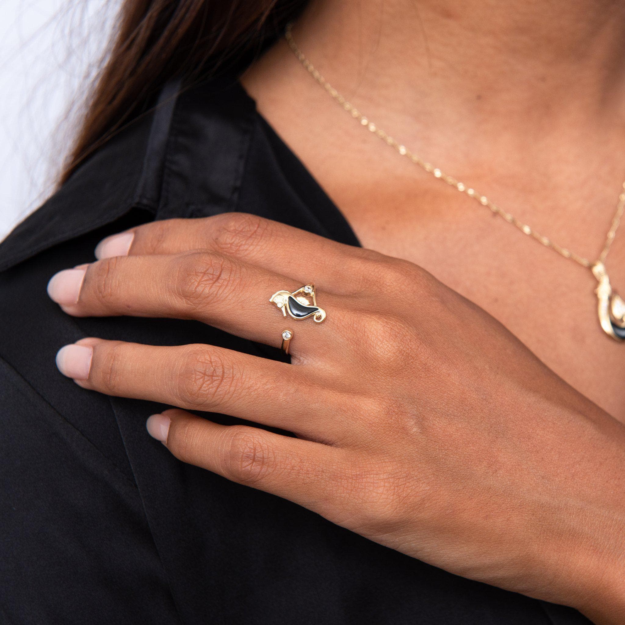 Sealife Seahorse Black Coral Ring in Gold with Diamonds on model - 15mm-Maui Divers Jewelry