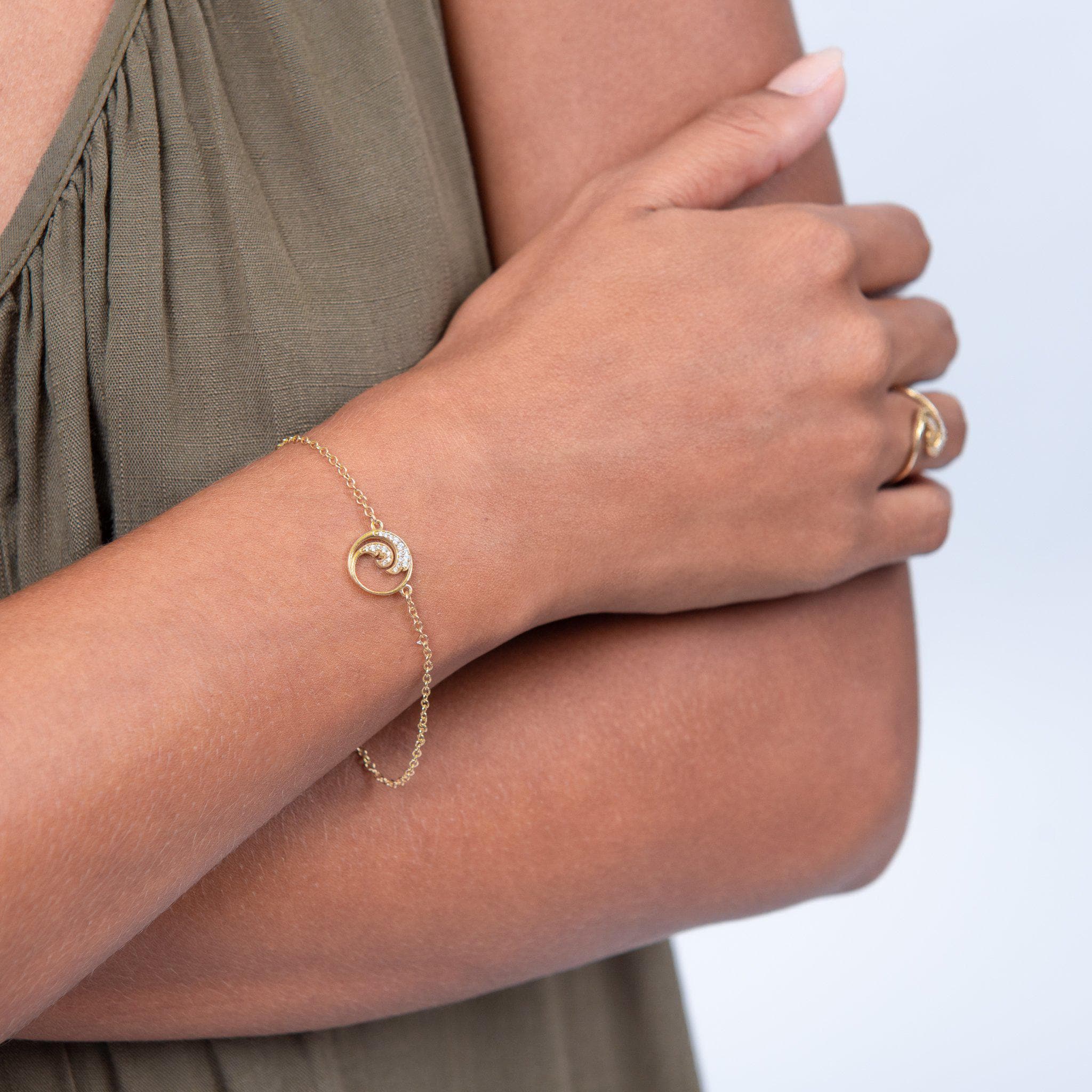 Nalu (Wave) Bracelet in 14K Yellow Gold with Diamonds on Model