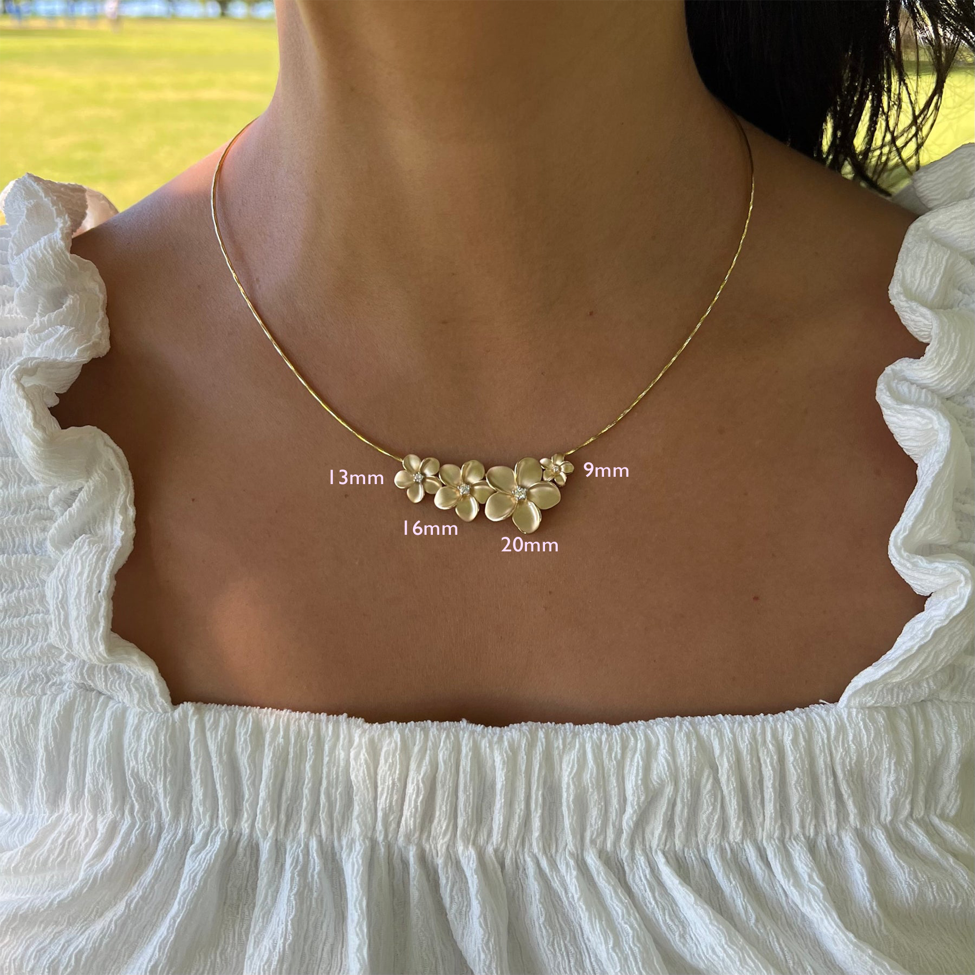 Puffy Plumeria Gold Pendant Necklace Scaled on Model with Omega Chain - Maui Divers Jewelry