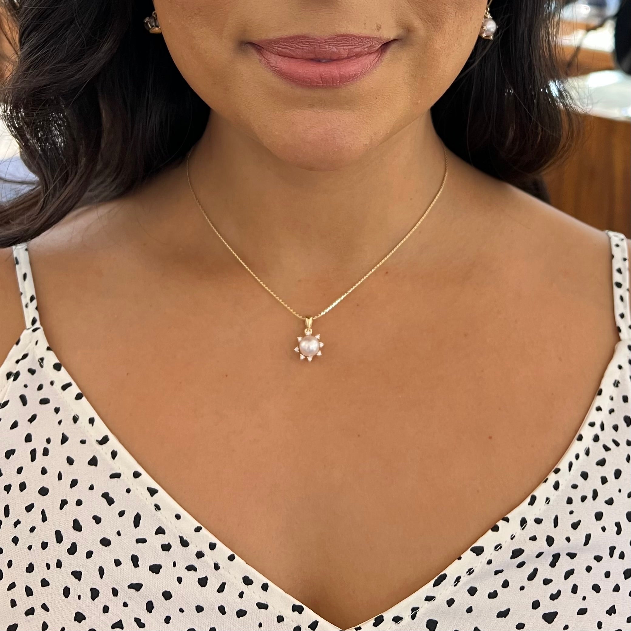 Protea Akoya Pearl Pendant in Gold with Diamonds - 8mm - Model Photo - Maui Divers Jewelry