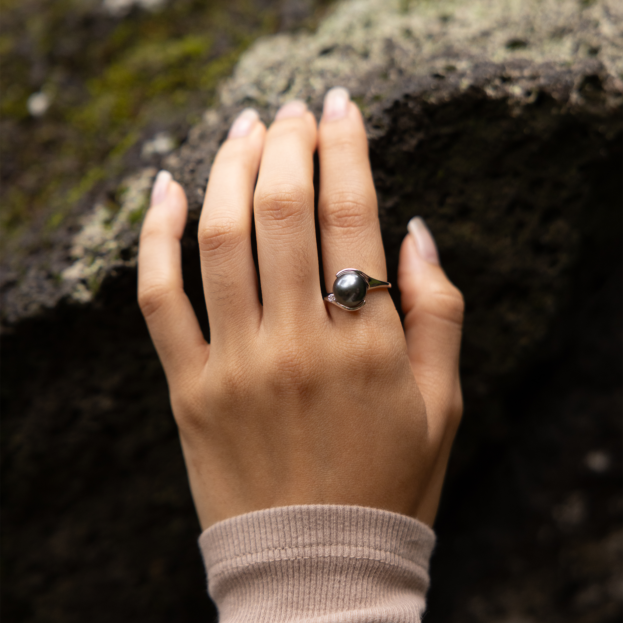 タヒチ黒真珠 ダイヤモンド ホワイトゴールド リング - 9-10mm