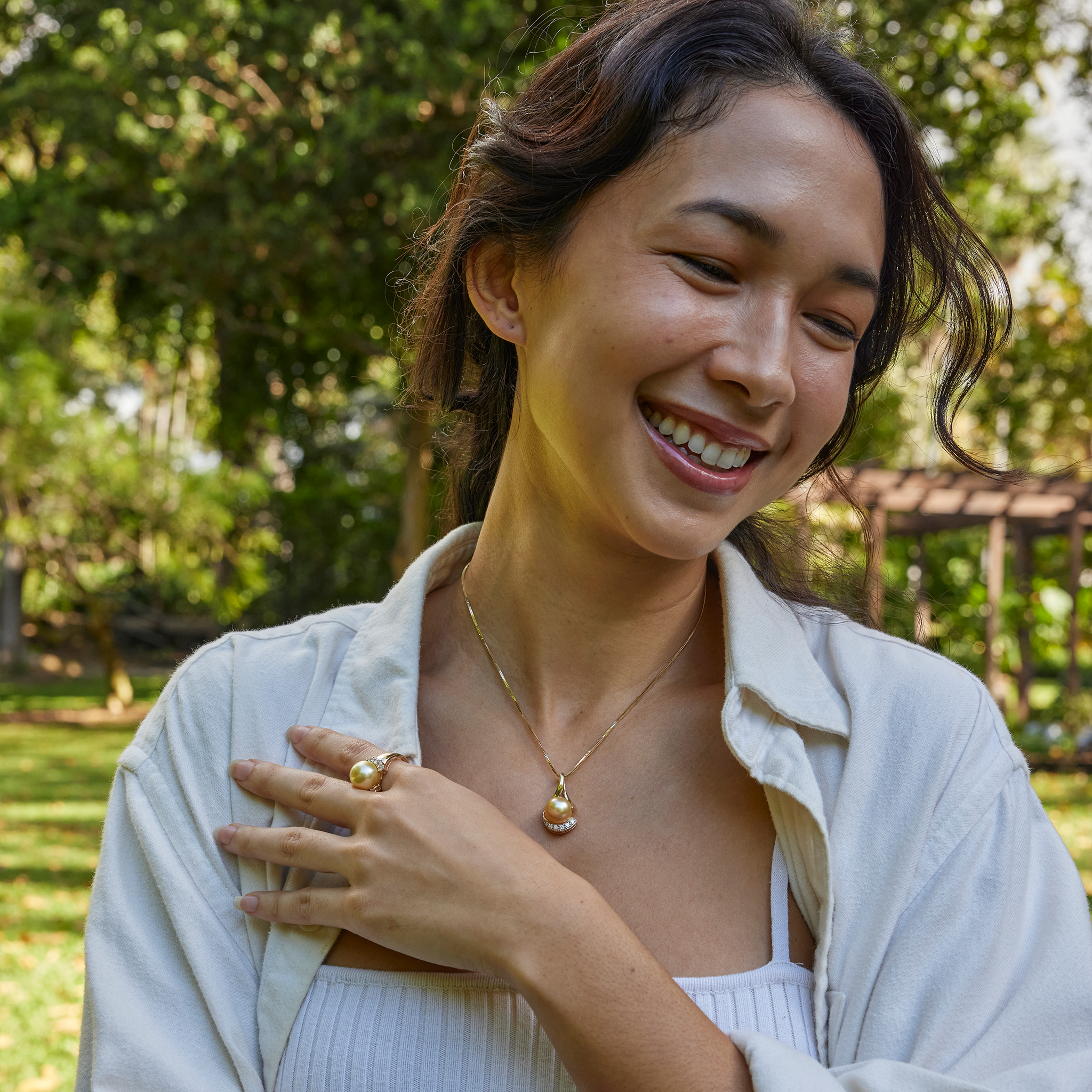 南洋パール ダイヤモンド ゴールド リング - 12-13mm