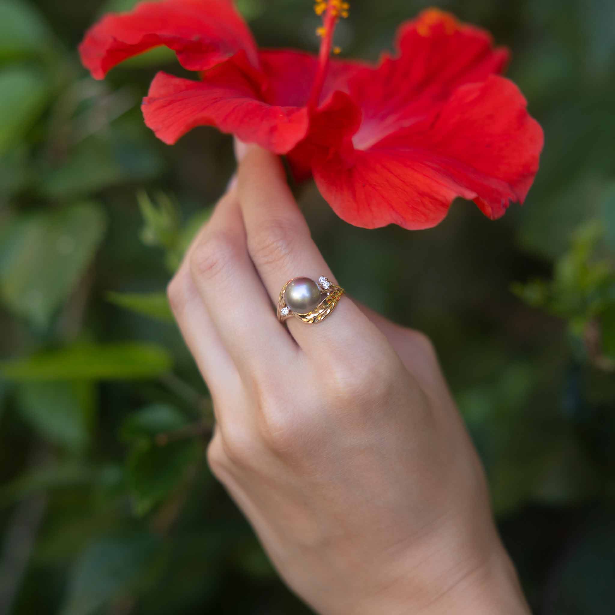 マイレ タヒチアン ブラック パール リング ダイヤモンド ゴールド - 9-10mm