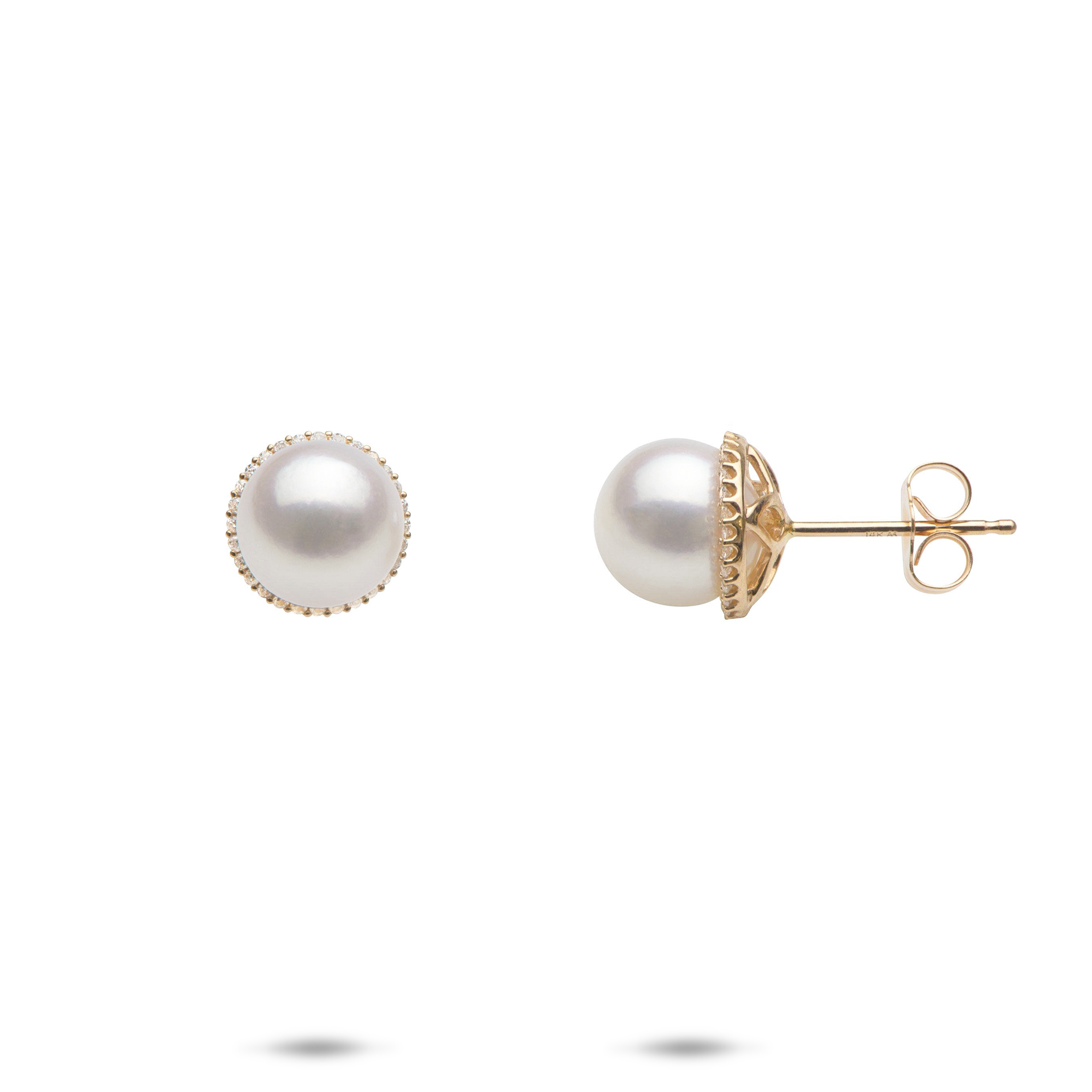 Halo Akoya White Pearl Earrings in Gold with Diamonds - 8-8.5mm