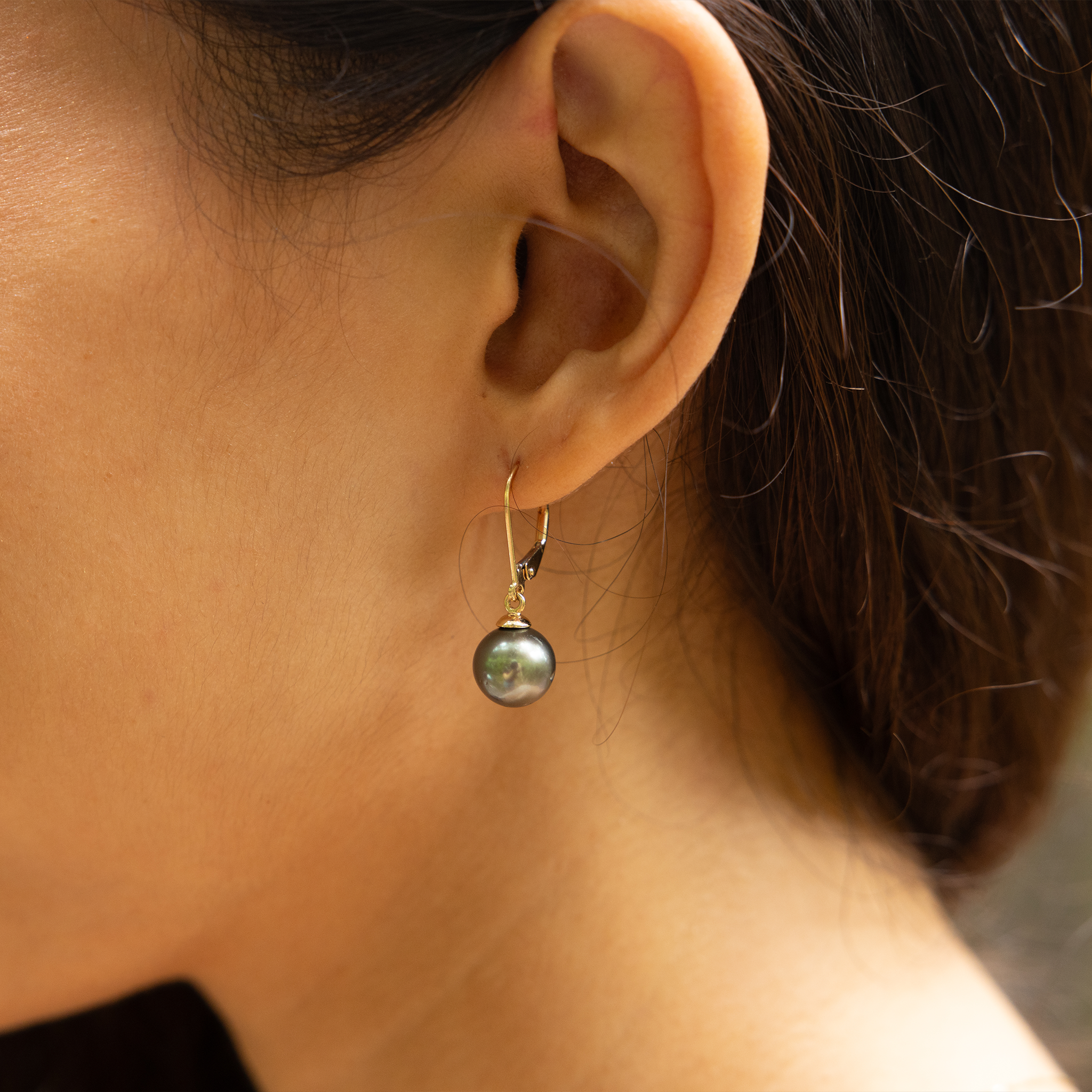 タヒチ黒真珠 イヤリング ゴールド - 9-10mm