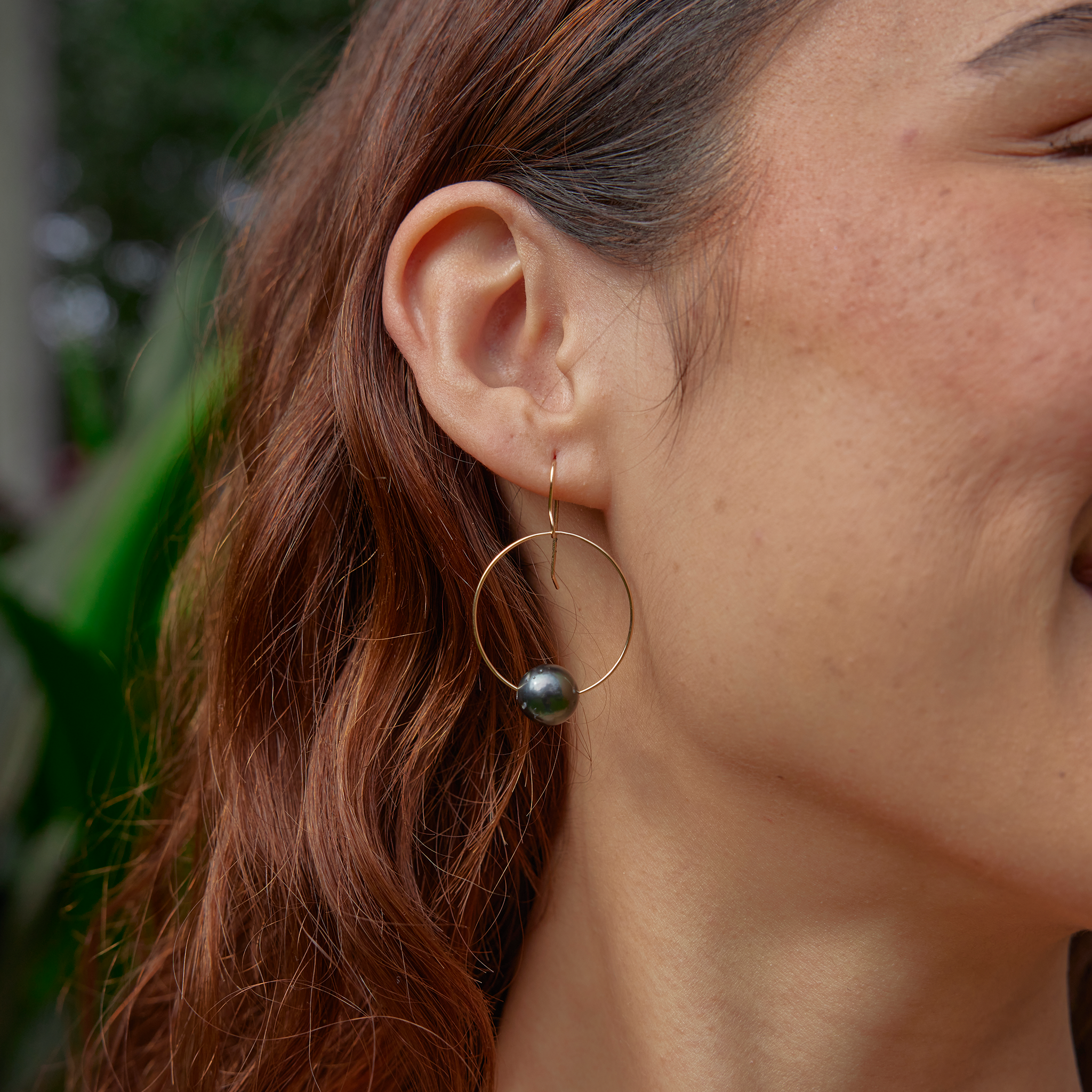 ゴールドタヒチ黒真珠フープピアス - 9-10mm