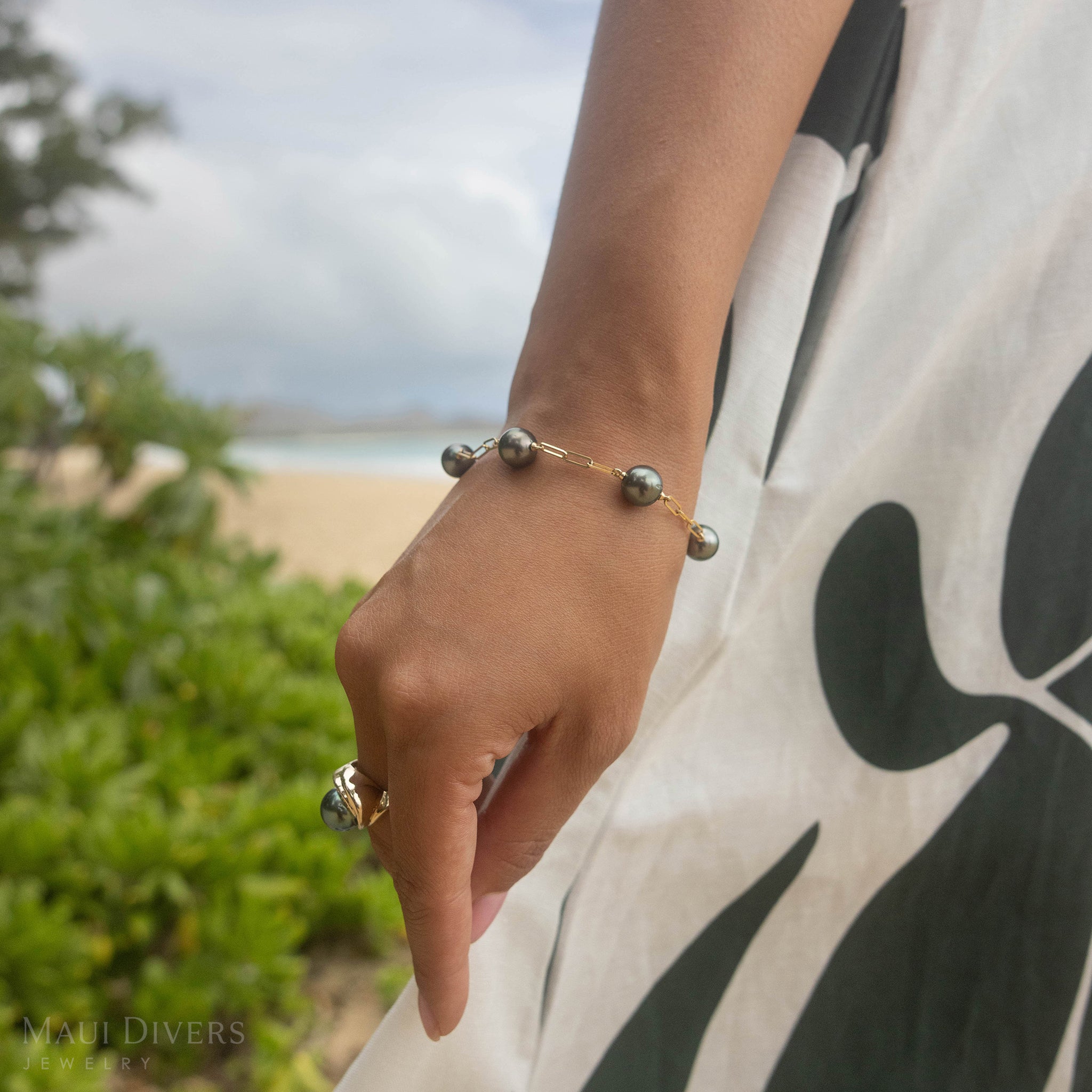 7.5-8インチ ペーパークリップ チェーン タヒチ黒真珠 ブレスレット ゴールド 9-10mm