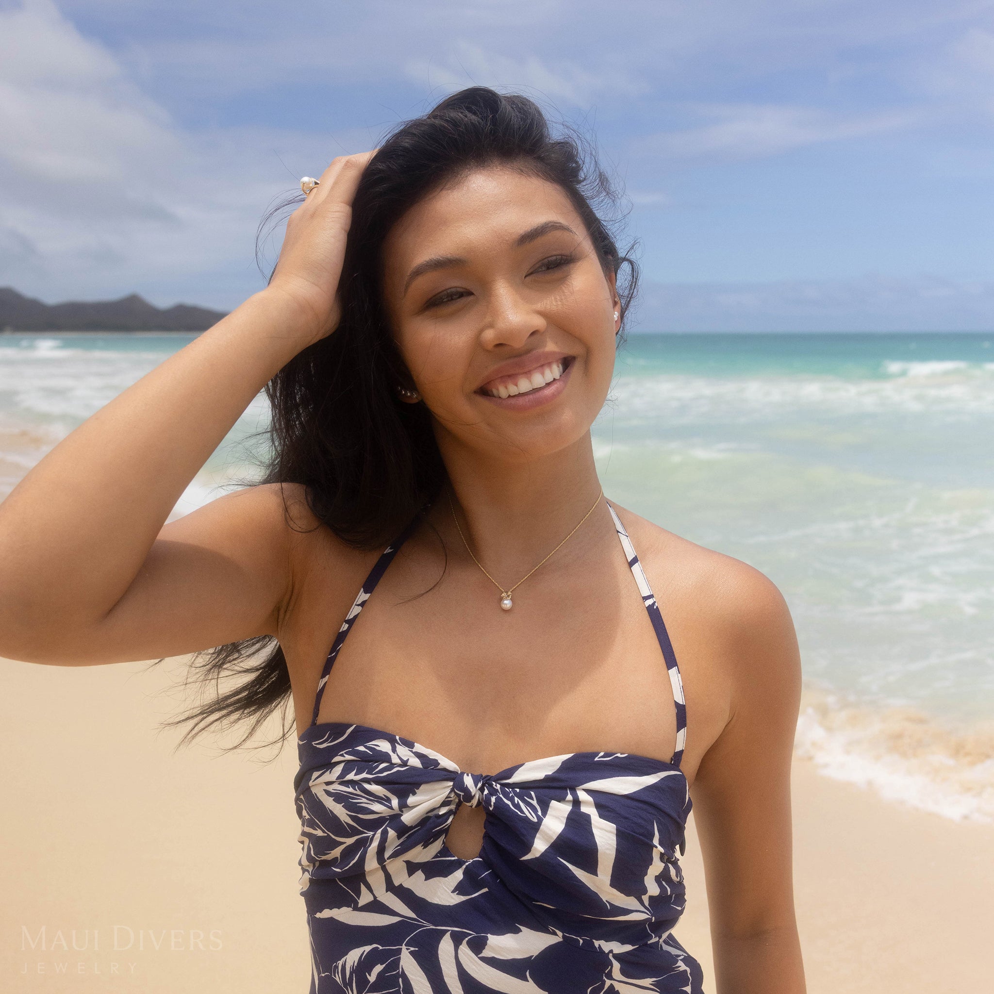 プルメリア ダイヤモンド アコヤホワイトパール ペンダント 8mm ゴールド