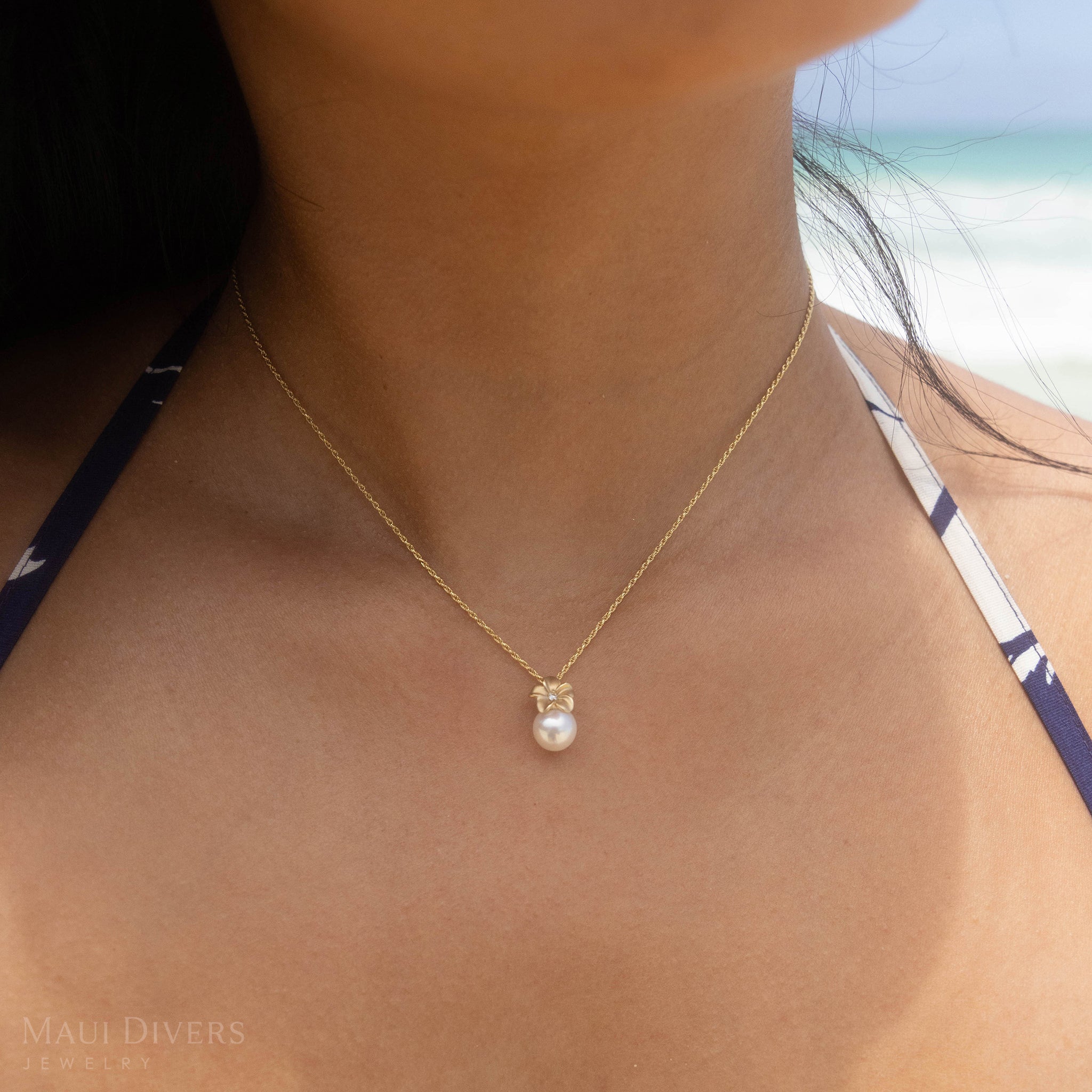 プルメリア ダイヤモンド アコヤホワイトパール ペンダント 8mm ゴールド