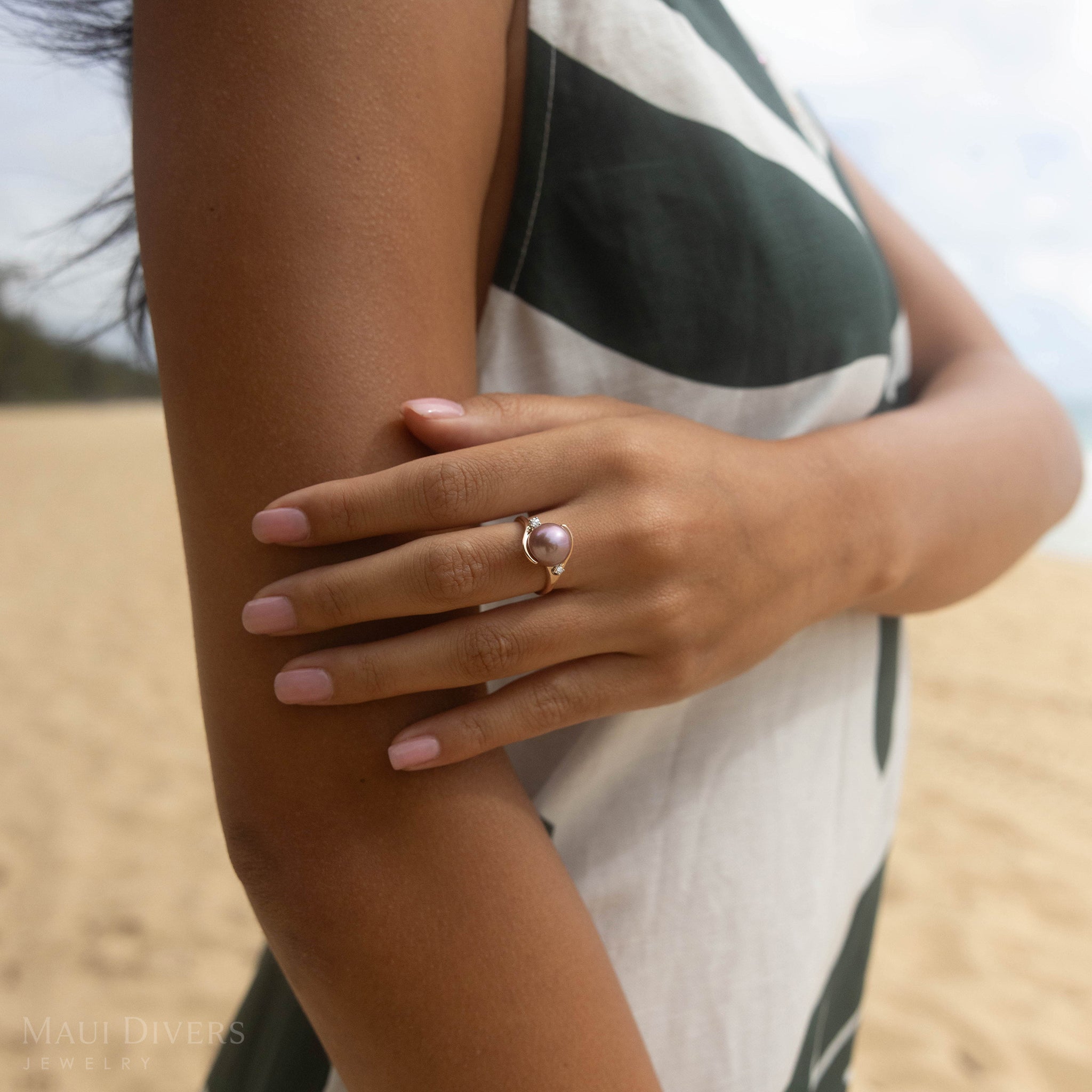 ライラック 淡水パール ダイヤモンド ローズゴールド 10-11mm