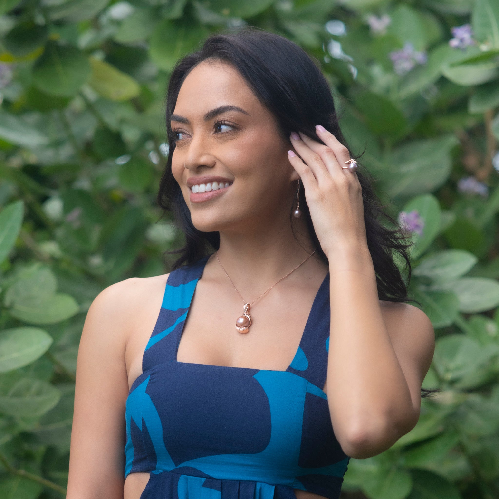 ライラック淡水パール・ペンダント ダイヤモンド ローズゴールド 14-15mm