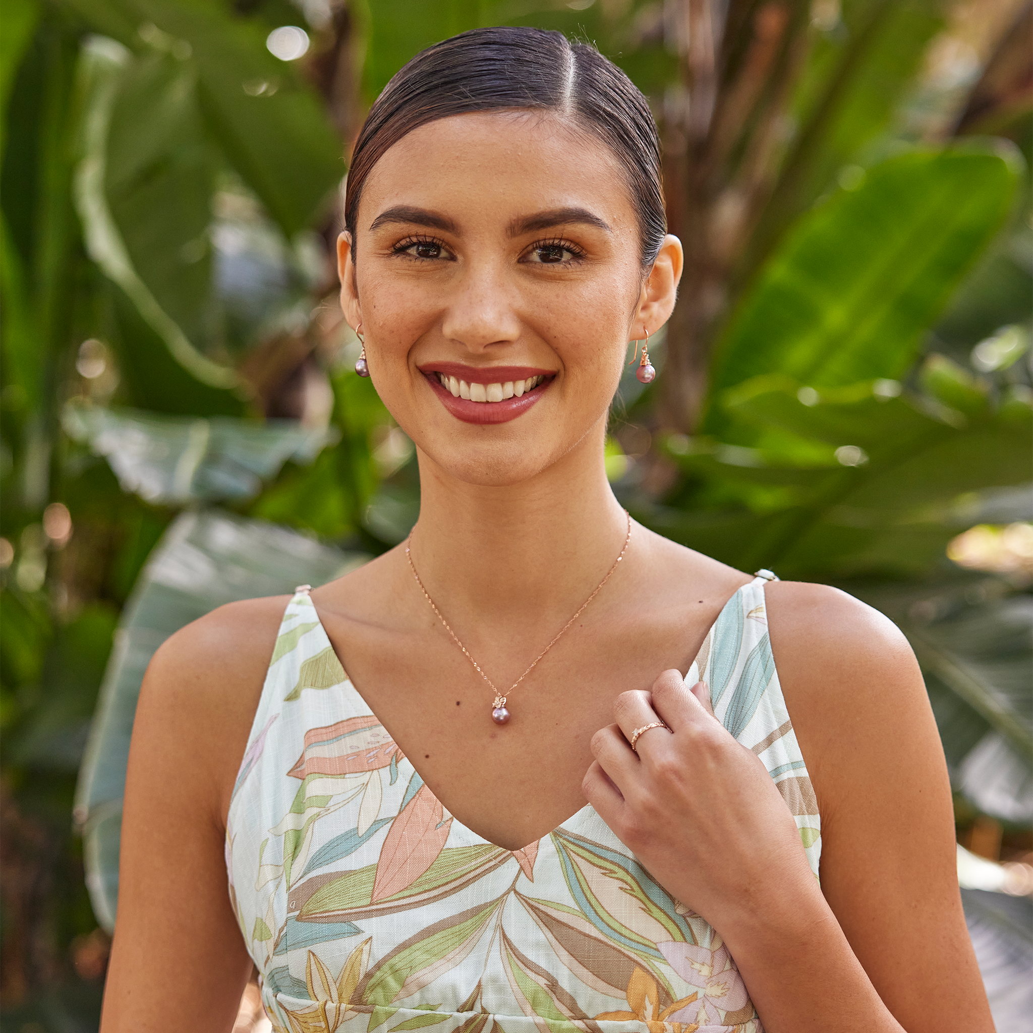 プルメリア ラベンダー 淡水パール ペンダント ダイヤモンド ローズゴールド 9mm