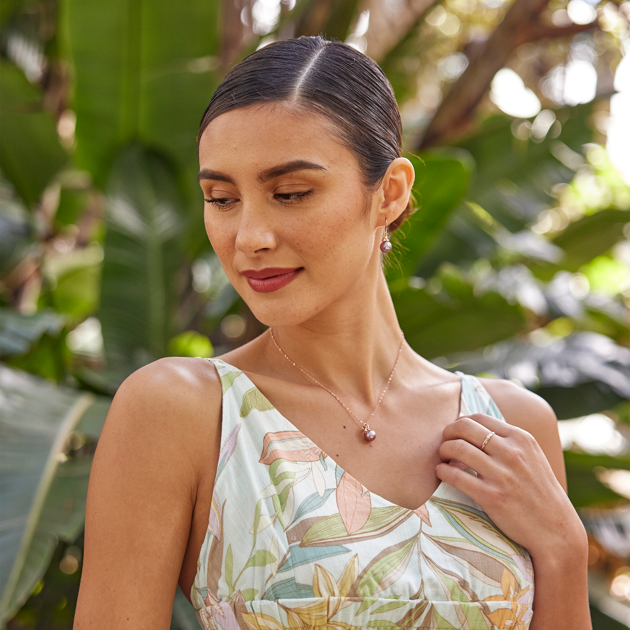 プルメリア ラベンダー 淡水パール ペンダント ダイヤモンド ローズゴールド 9mm