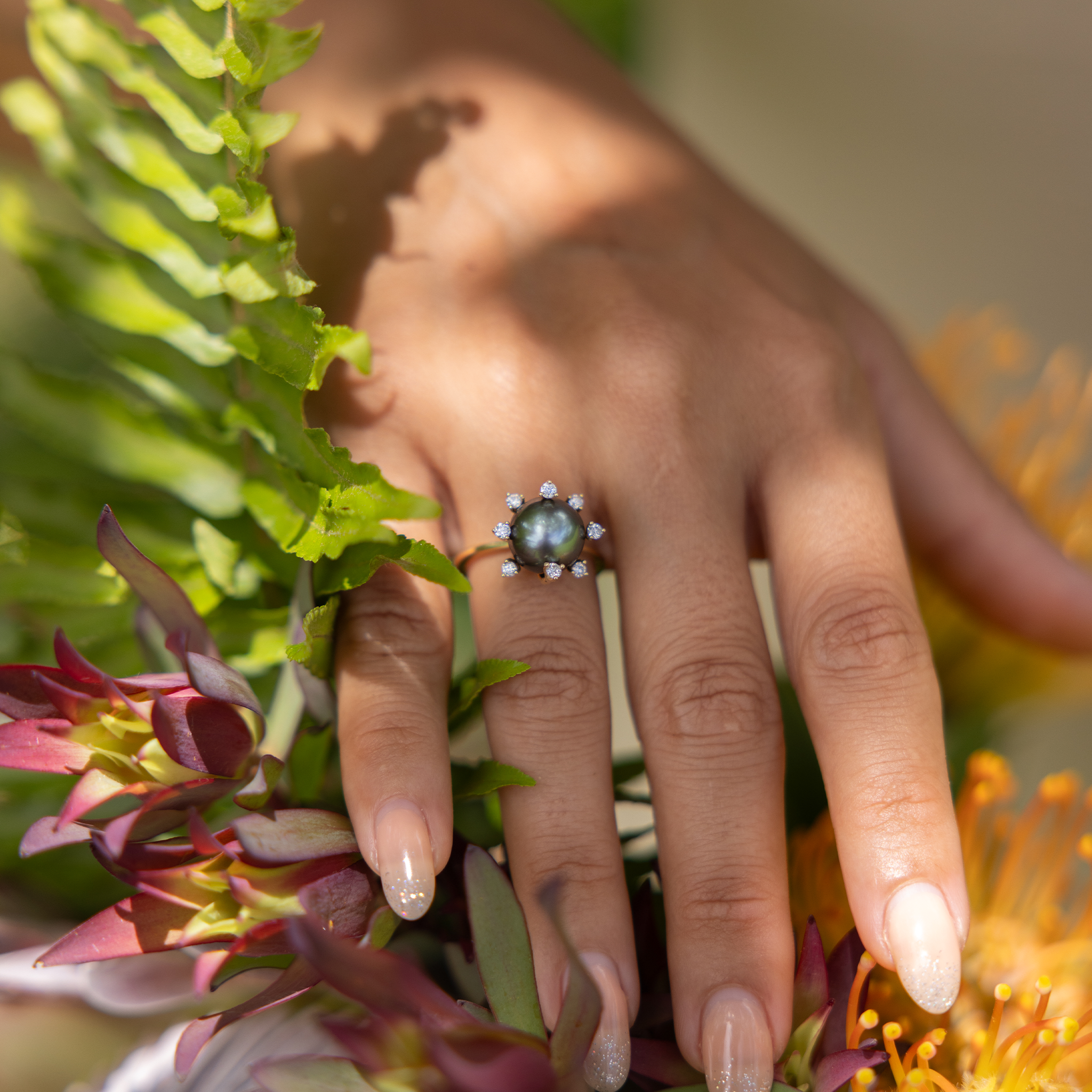 プロテア タヒチアン ブラック パール ダイヤモンド ゴールド リング - 10-11mm