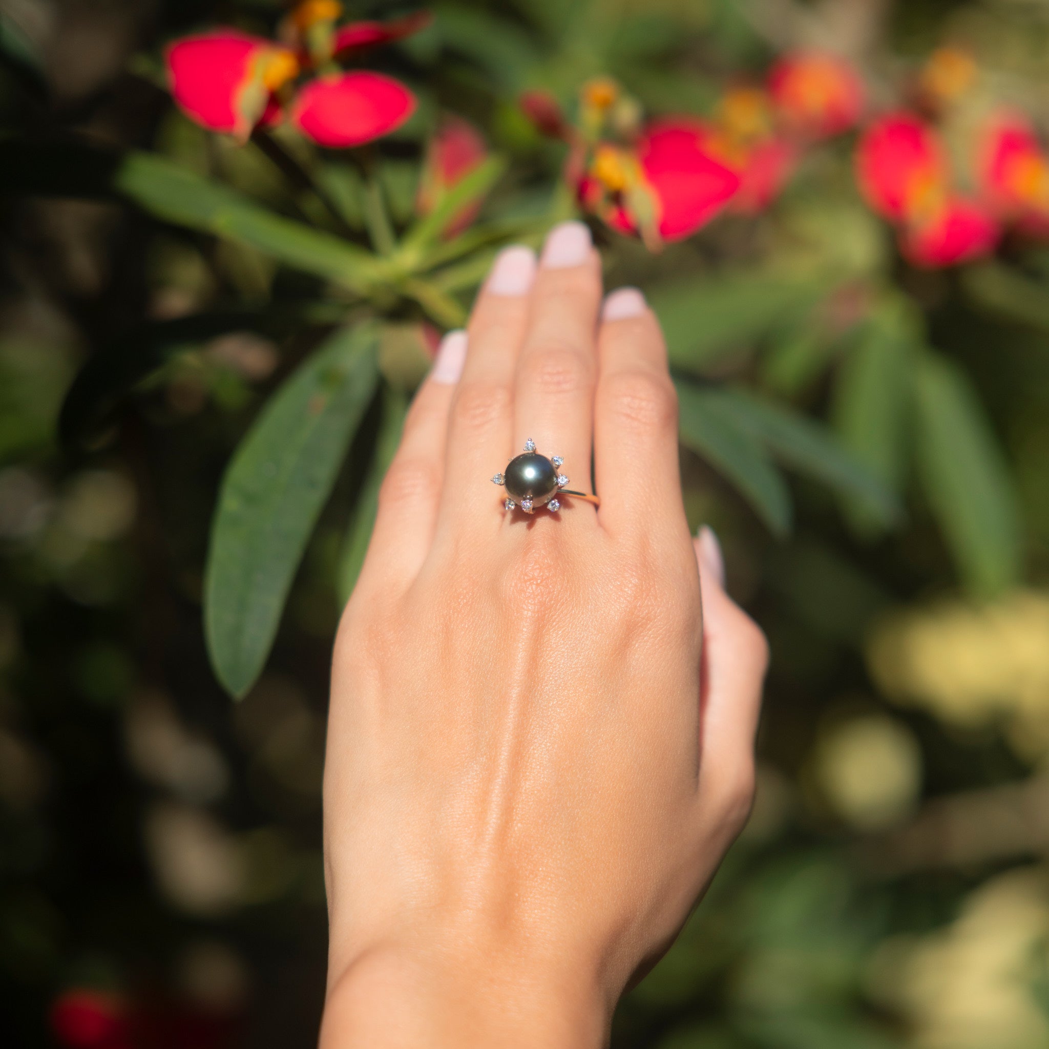 プロテア タヒチアン ブラック パール ダイヤモンド ゴールド リング - 10-11mm