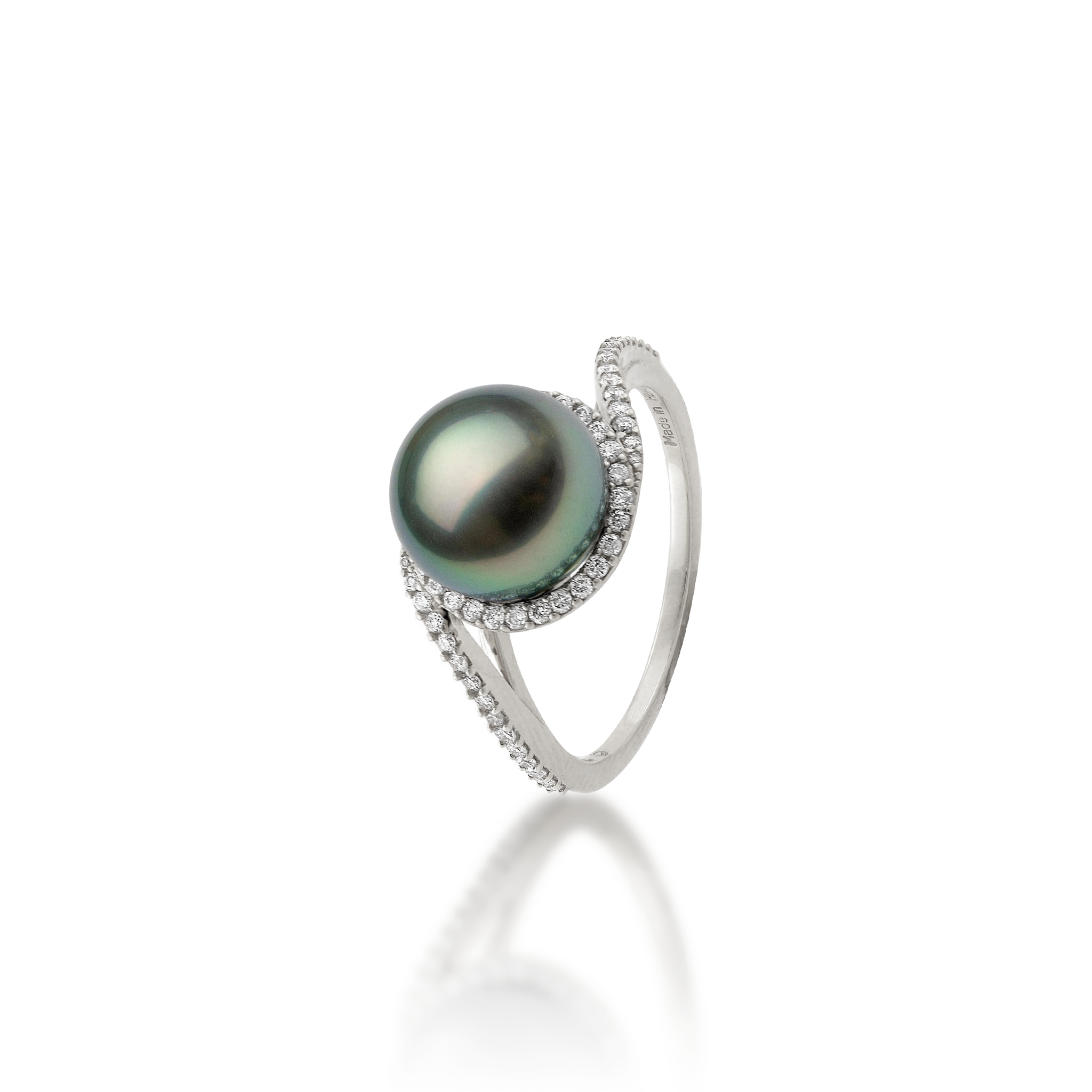 Halo Tahitian Black Pearl Ring in White Gold with Diamonds - 9-10mm
