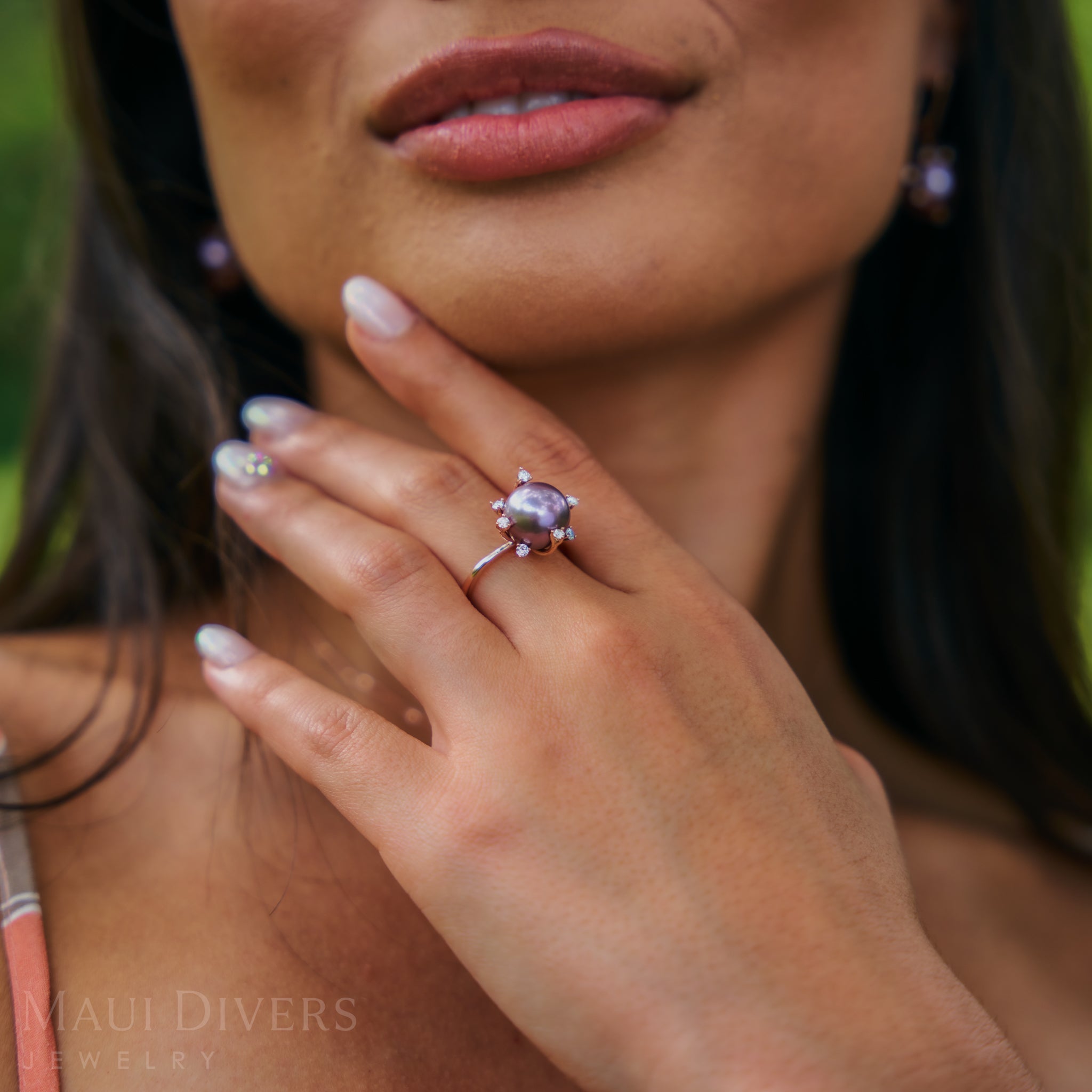 プロテア ライラック 淡水パール リング ダイヤモンド ローズゴールド - 10-11mm