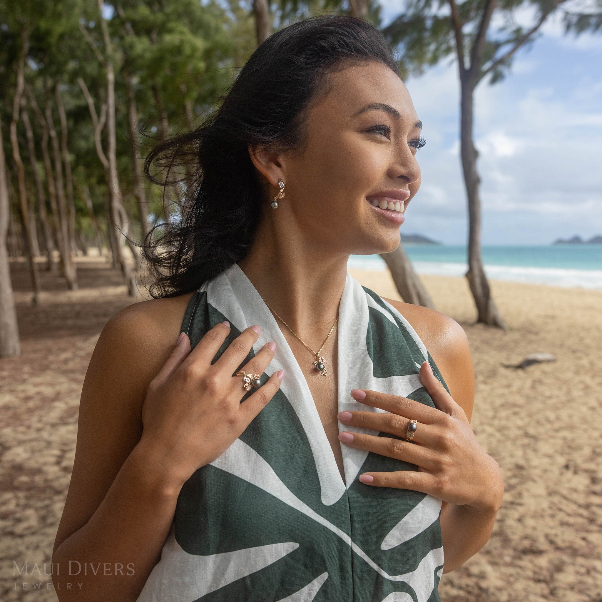 パール イン ブルームプルメリア タヒチ黒真珠 ダイヤモンド 8mm スリーカラーゴールド