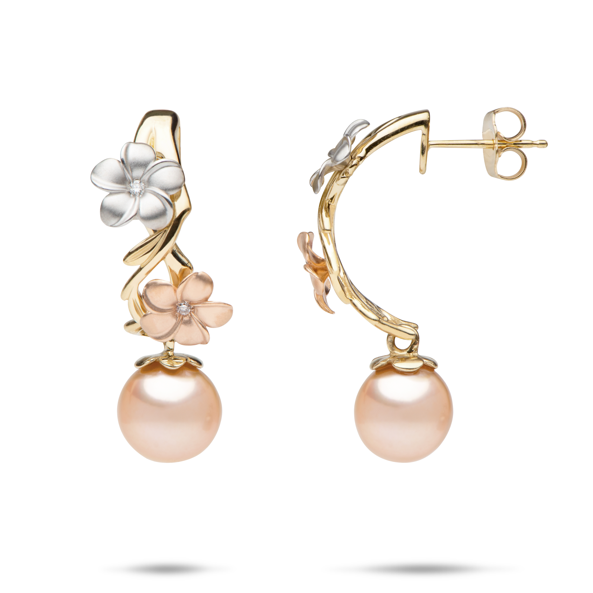Pearls in Bloom Plumeria Peach Freshwater Pearl Earrings in Tri Color Gold with Diamonds- 20mm